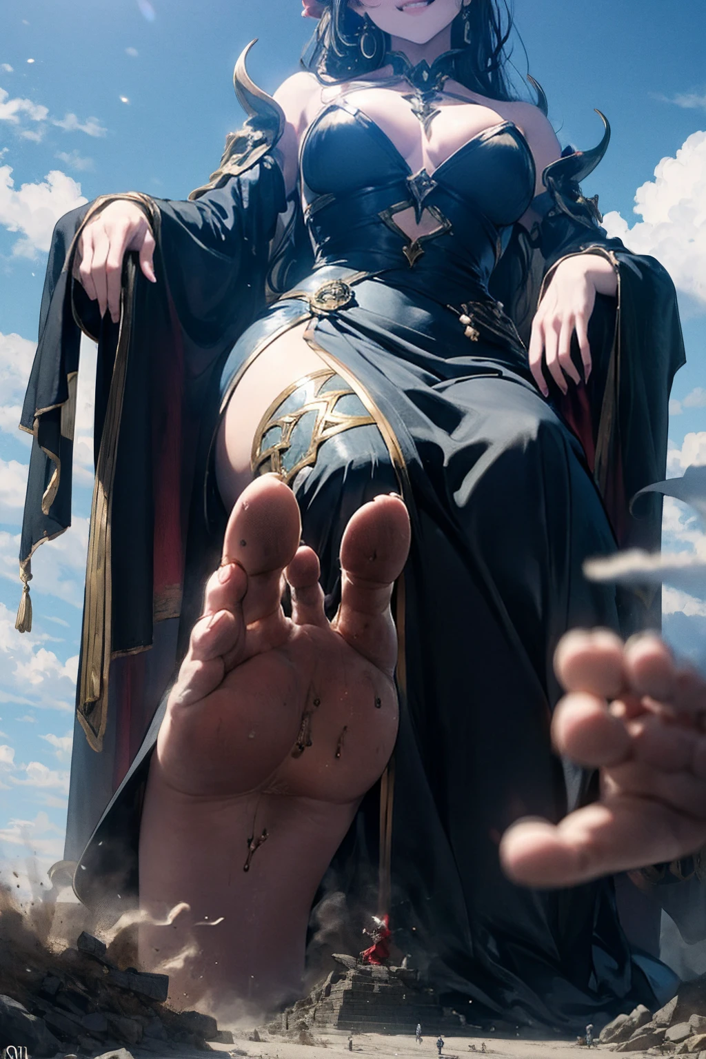 Spectacular views、giantess、Beauty、Queen、Huge body、Giant Feet、I can see your feet、Giantess、hellのQueen、smile、Villainess、Bad guy、Sit in the King's Chair、Large Breasts、Black long dress、Long black hair、Red eyes、smile、Rocky cave、lava、hell、Bottom of the Abyss、Low - Angle、Crowd looking up at woman from ground、Distant view of the earth、Distant view of the Earth、Last Boss、Boss Battles、A woman is trying to crush a soldier、Detailed clothing、Accurate clothing