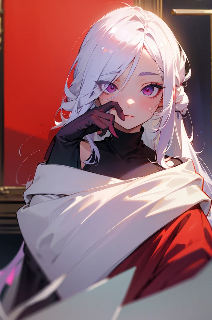((best quality)), ((masterpiece)), (detailed), 1girl, off-shoulder sweater,long white hair,dark red right eye,very dark purple left eye,huge