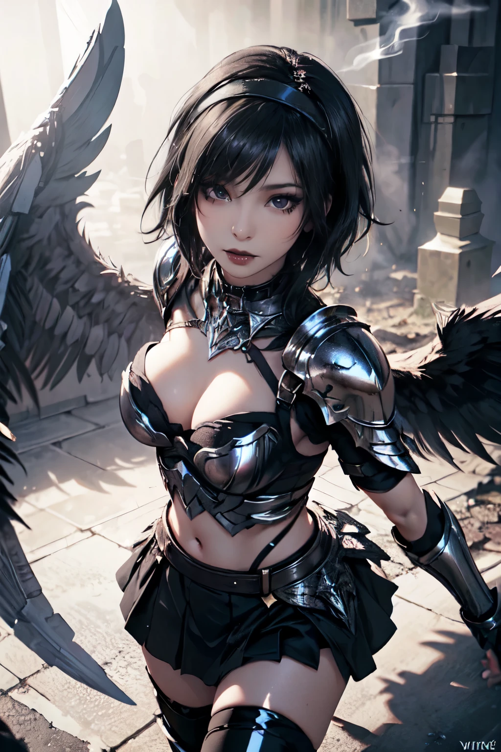 emo_hairstyle, black lipstick, smocky eyes, collar, eyeliner, eye shadow, realistic lighting, short hair, seductive look, Shiny skin, Valkyrie, winged_headband, armor, plating, breast plate. Short skirt, thighhighs.