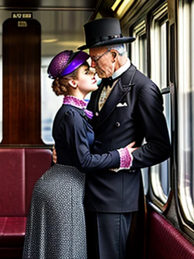 Year 1901. A pretty yo brunette teenage Gibson Girl dry-humped by a horny 69yo gentleman inside a train car. The girl wears a Victorian high-neck long sleeve shirtwaist, floor-length skirt and a wide-brimmed picture hat topped with feathers, ribbons and flowers. The man wears a three-piece business suit with a starched collar and a bowler hat. The girl bites her bottom lip. (((1 man, 1 girl))).