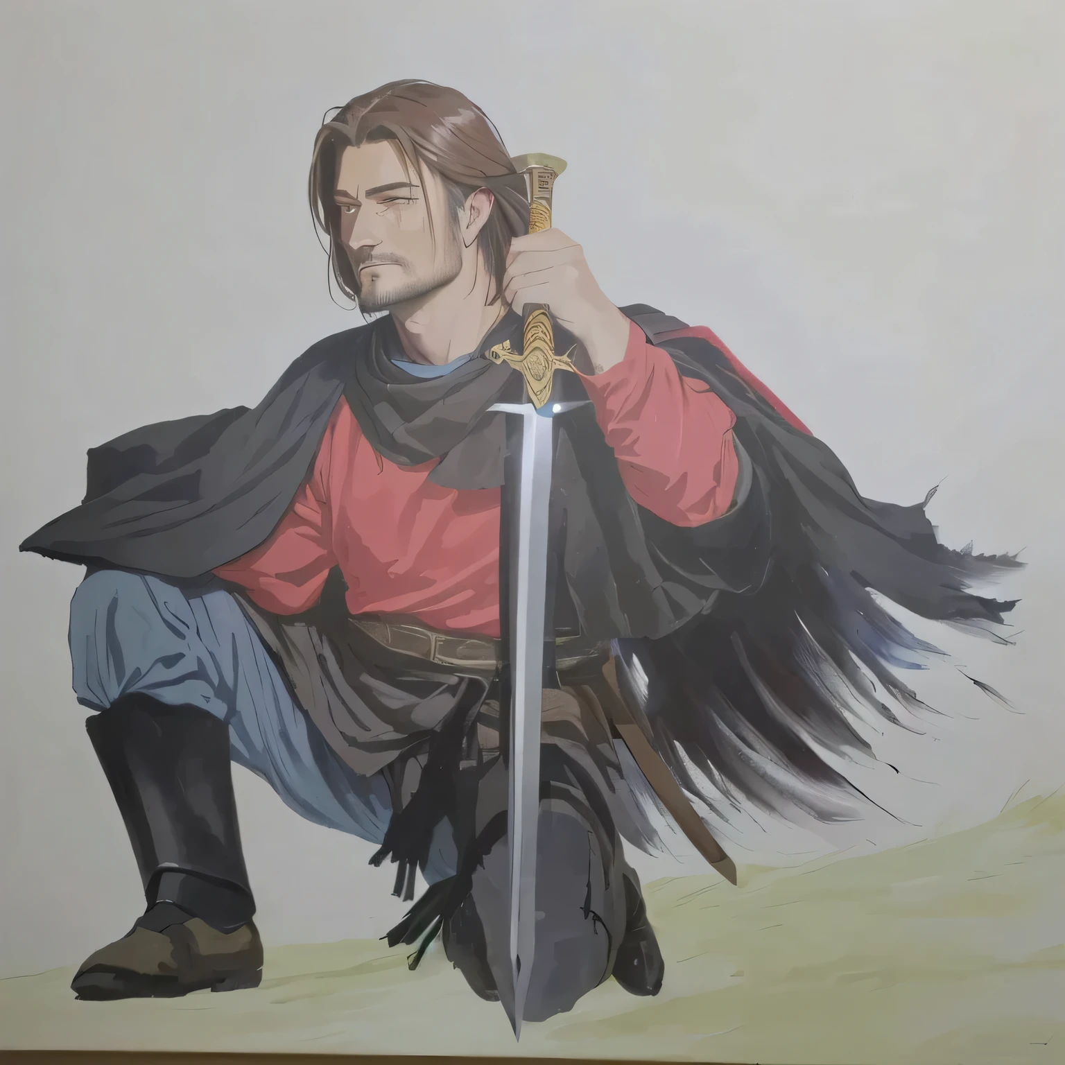 painting of a man on his knees holding a sword and a red shirt, with a torn black cover, Native Gaucho, poncho therefore, painting of a knight, boromir in an 80\animes world, inspired by Edmund Greacen