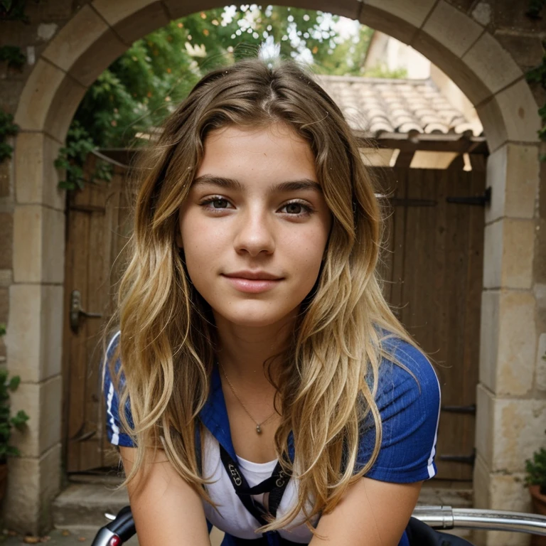 Pretty French teenager, wavy and blonde hair, 20 year old who rides a bike