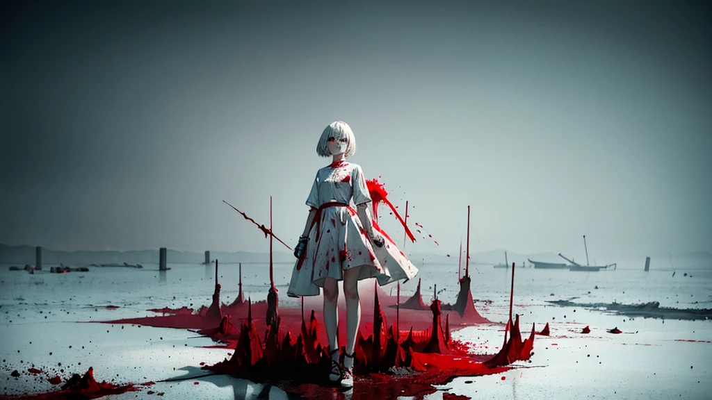 1girl, white short hair, red eyes, white dress, standing in blood sea, blood splatter everywhere, hyper-realistic, cinematic lighting, dark fantasy, moody atmosphere, dramatic lighting, striking colors, highly detailed, photorealistic, 8k, best quality, masterpiece