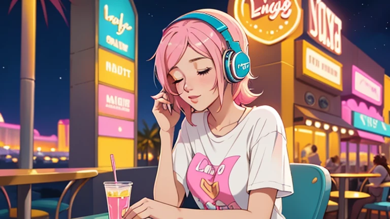 A beautiful young woman in her 20s with straight pink hair, wearing headphones, sitting on the terrace of a night cafe, looking down with her eyes closed, lofi girl, t-shirt, mood, comfortable, Las Vegas, In-N-Out Burger