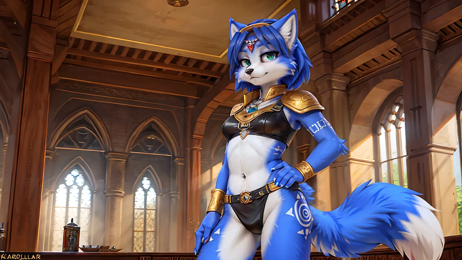 A beautiful and detailed (sweet picture) wa ((krystal)), Star Fox krystal,  green eyes, medium breasts, (((Long blue hair 1.3))),  anthro, furry, (wa Fluff-Kevlar, Bayard Wu, personalize me, Pino Daeni),  detailed fluffy fur, detailed face, (fluffy), 1 girl, alone, hair cover one eye:1.4, wears tribal clothing with leather armor, wears tribal top with leather armor, steht in der großen halle wa hogwarts:1.4, she stands next to severus snape