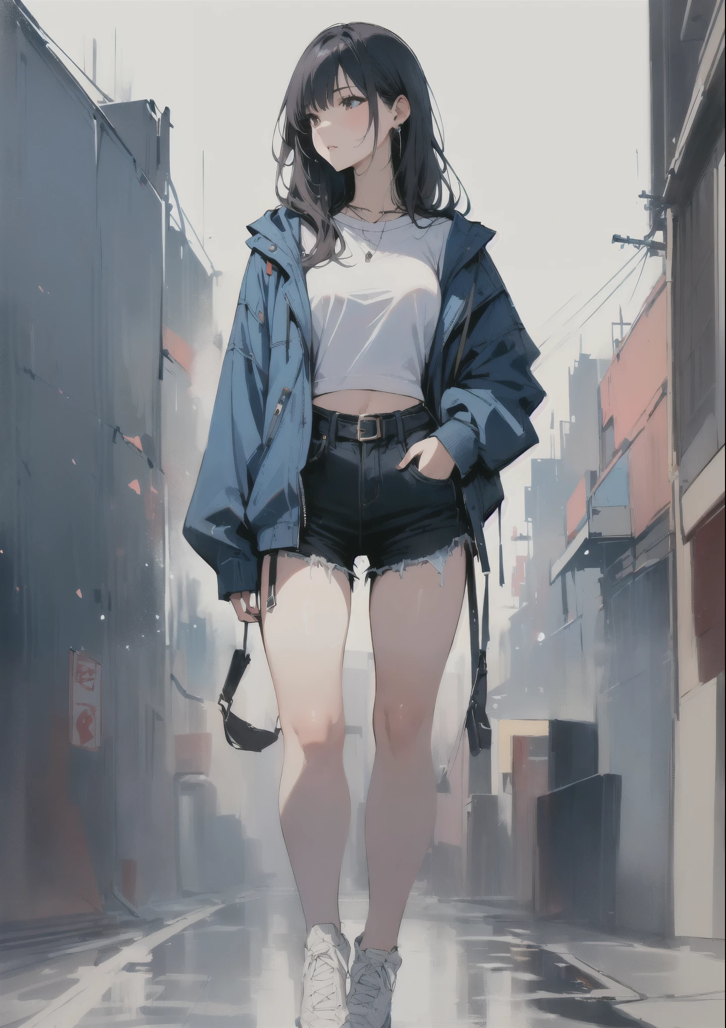 (masterpiece, best quality:1.2), 1 girl, alone , sexy , blue jaket , cutoff-jeans , (cowboy shot) , black hair , white top, fullbody view, sneakers, stand