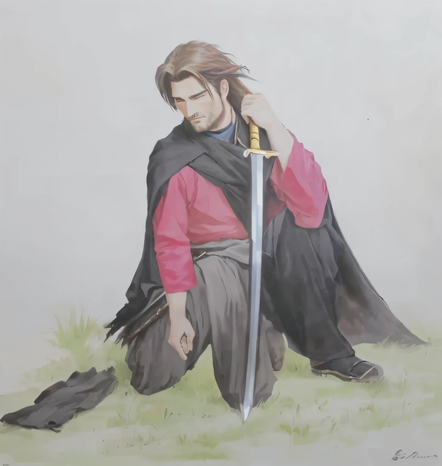 painting of a man on his knees holding a sword and a red shirt, with a torn black cover, Native Gaucho, poncho therefore, painting of a knight, boromir in an 80\animes world, inspired by Edmund Greacen