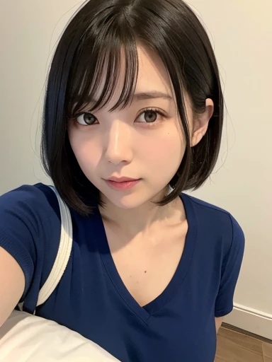 White wall、Close-up of an 18-year-old woman in a blue t-shirt, Roll up your parka、Medium Short Hair、Yoshitomo Nara, shikamimi, Chiho, mayuri shiina, Real young gravure idol, Beasts, tits, Kotegawa Yui, 8k、narumi kakinouchi