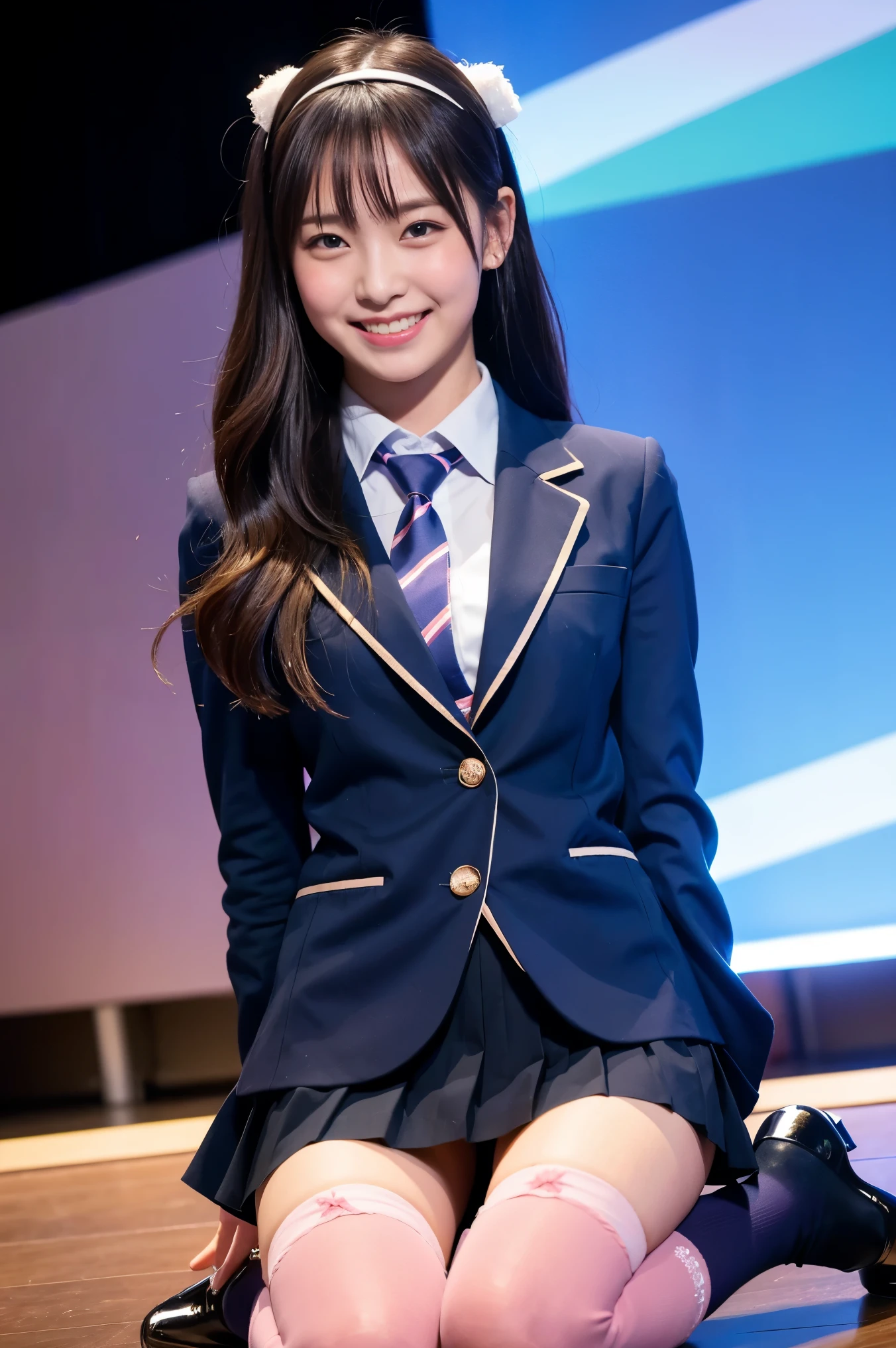 (8k), (highest quality: 1.2), (Realistic), (Realistic: 1.37), Ultra-high resolution, 1 girl, cute, (Embarrassed smile:1.2), (Blushing:1.4),Mouth closed, Beautiful details, Beautiful Nose, silky Hair, Thighs,Navel exposed,University Student Uniform,A simple dark blazer,Pleated skirt,Platform boots,Dancing on the school stage,(Shiny Thighs:1.2),Medium Shot,(over-the-knee socks:1.2),(hair bands:1.2)