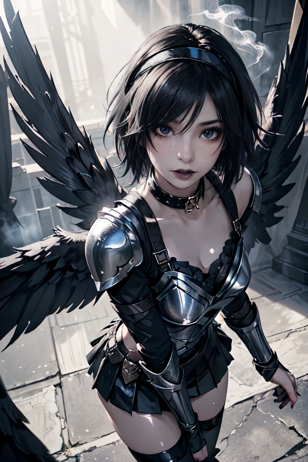 emo_hairstyle, black lipstick, smocky eyes, collar, eyeliner, eye shadow, realistic lighting, short hair, seductive look, Shiny skin, Valkyrie, winged_headband, armor, plating, Short skirt, thighhighs.