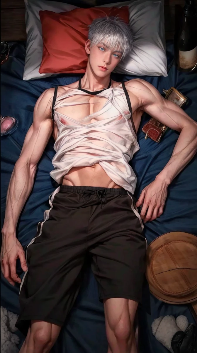1boy, adult, handsome, perfect face, detailed eyes and face, clean shaved, muscular, capturing a rural atmosphere, dynamic lighting, unreal engine 5, hd picture, satoru gojo, white hair, short hair ,hair between eyes ,blue eyes, white skin, milk pink nipple details