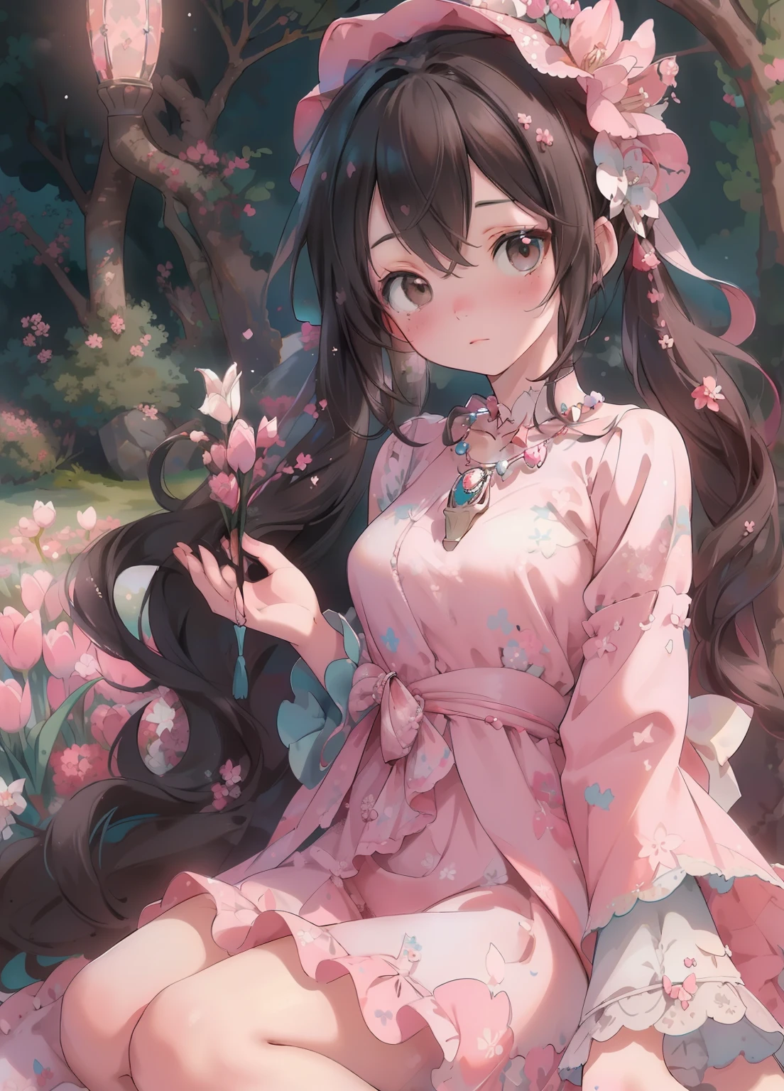 (masterpiece、Highest quality、Highest quality、Official Art、Beautiful and beautiful:1.2)、(One girl:1.3)Hatsune Miku、Twin tails,Beautiful breasts, Katsushika Hokusai, (masterpiece, Highest quality: 1.3), High resolution, official style, \(style\) 1820s, Vertical position, Beautiful portrait, oil, (Black curly hair, Brown cat-shaped eyes), Freckled white skin, Beautiful pink flower hat, Beautiful period dress with floral embroidery and details , ((Beautiful Diamond Necklace)), Elegant bearings, Beautiful landscape background of tulip garden