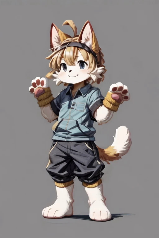 score_9, score_8_up, score_7_up, with Short sleeves , fake animal ears, animal ears, cat ears, paw gloves, cat paws, paw pose, smile, standing, simple background