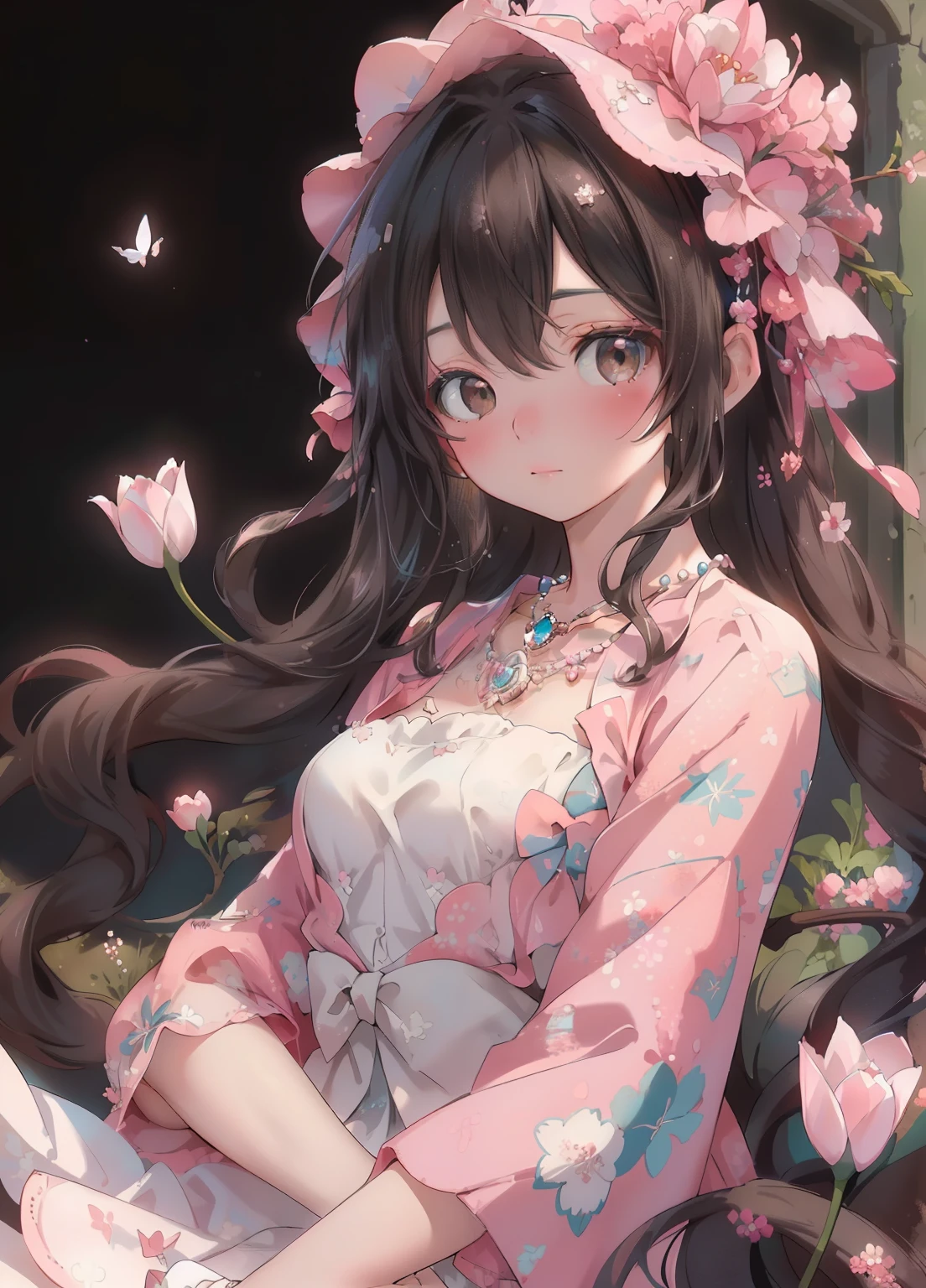 (masterpiece、Highest quality、Highest quality、Official Art、Beautiful and beautiful:1.2)、(One girl:1.3)Hatsune Miku、Twin tails,Beautiful breasts, Katsushika Hokusai, (masterpiece, Highest quality: 1.3), High resolution, official style, \(style\) 1820s, Vertical position, Beautiful portrait, oil, (Black curly hair, Brown cat-shaped eyes), Freckled white skin, Beautiful pink flower hat, Beautiful period dress with floral embroidery and details , ((Beautiful Diamond Necklace)), Elegant bearings, Beautiful landscape background of tulip garden