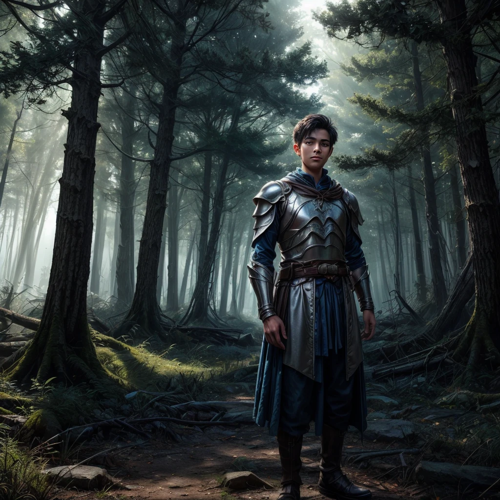 A handsome young age boy of about 17, with short black hair, black eyes, and fair skin. He has a slight smile on his face, a scar on his cheek, he wears a bright blue tunic, a beautiful silver fantasy armor. He stands in front of the ruins of an old church in the middle of a forest, and the rays of sunlight filter through the trees.