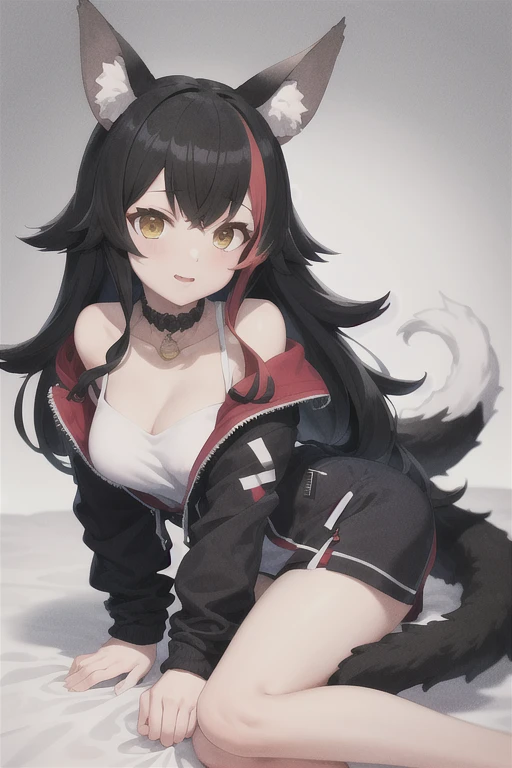 masterpiece, Highest quality, High resolution, wonderful, low-tied long hair, Black Hair, Yellow Eyes, clavicle, boa jacket, wolf ear, multicolored hair, whole body,