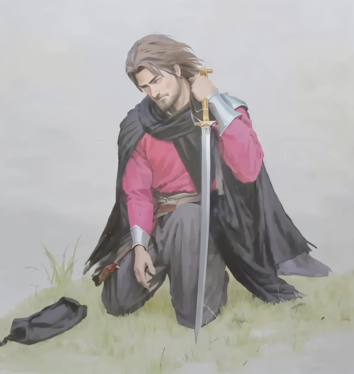painting of a man on his knees holding a sword and a red shirt, with a torn black cover, Native Gaucho, poncho therefore, painting of a knight, boromir in an 80\animes world, inspired by Edmund Greacen