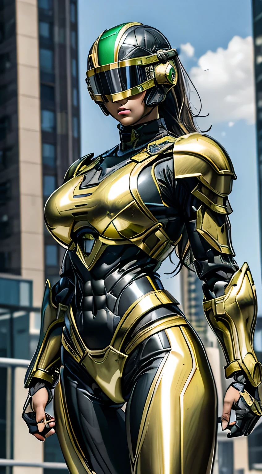 Female Robocop Solo、Bright outdoors、strong light source、8k, high quality, masterpiece, 最high quality, Crisp contrast、Very detailed、Full body armor、Very large armor、Helmet covering the head、Clear photos、The eyes are hidden by thin, translucent straight goggles.:1.3、The lower half of the face is raw々Shii:1.5、The lower half of the face is exposed、Seductive lips、Light yellow-green metallic armor、Black accent color、Armor that completely covers the chest、Long, slender legs、Vibrant Posselo Body View,Big and ample breasts:1.5, (Sports Body:1.5)、Five Fingers、Hold a handgun、In the city