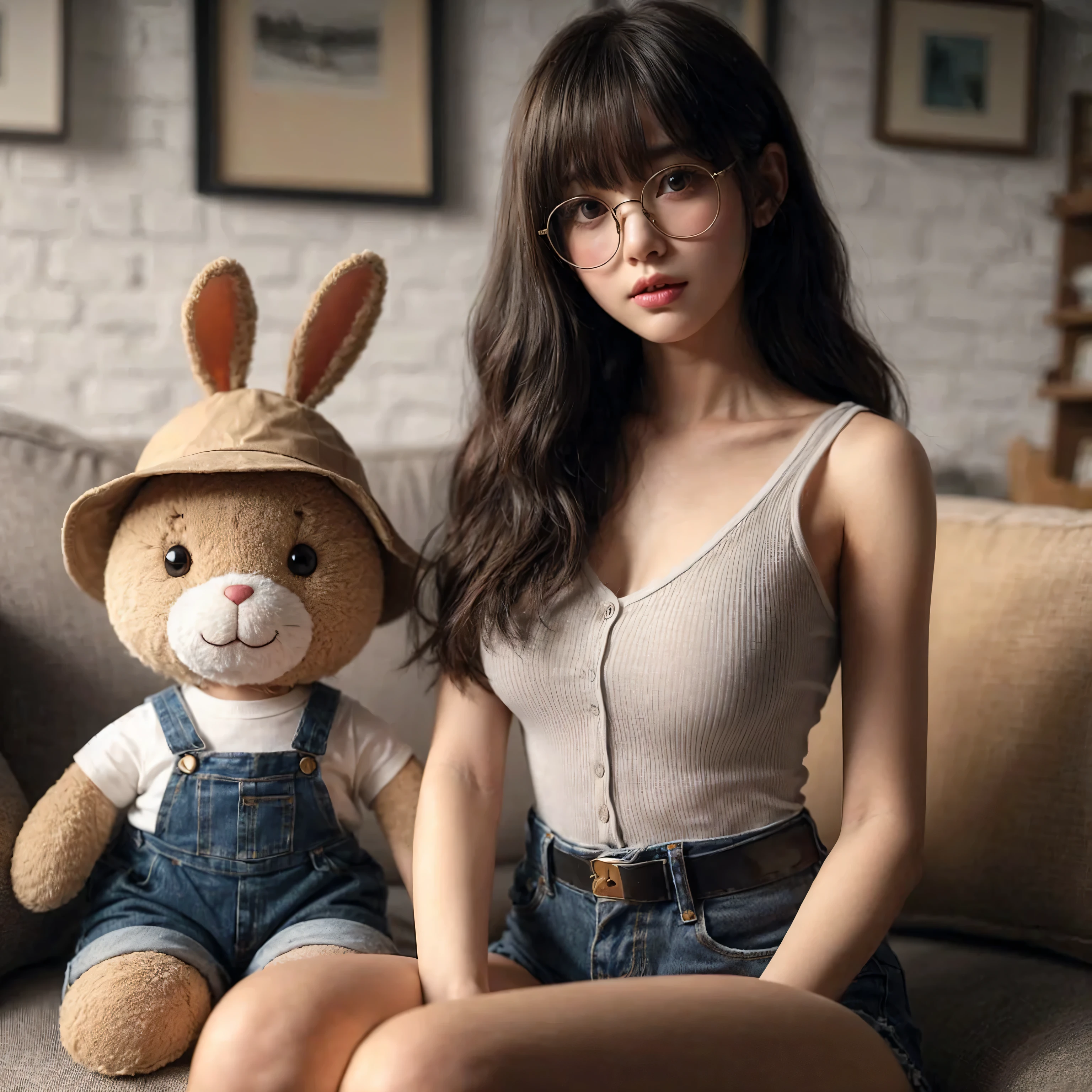 Create a realistic, ultra-high-definition (UHD) 8K scene featuring a young woman sitting on a couch. She has long, dark hair with bangs and wears round glasses. She is dressed in a fitted, light-colored tank top and dark shorts. Next to her is an adorable stuffed animal, a bunny with large ears, dressed in a stylish outfit including denim overalls, a white shirt, and a tan bucket hat. The background includes a textured wall with framed pictures hanging, and the overall setting is cozy and well-lit. Capture the details of her serene expression and the intricate design of the stuffed bunny's attire.
