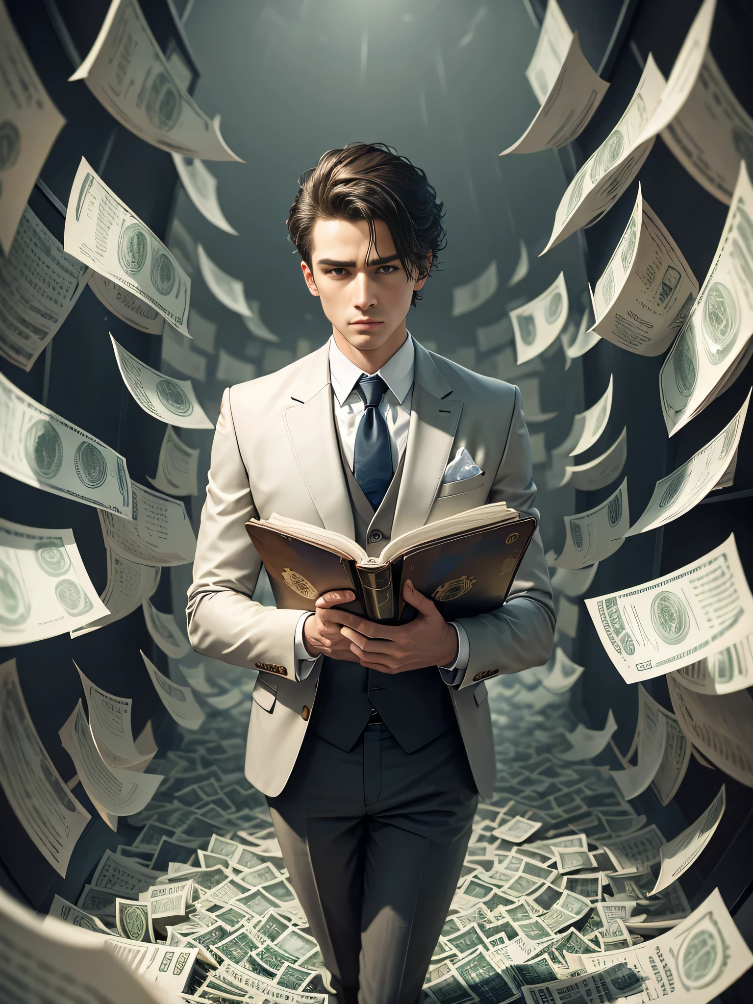 detailed painting of a person in a suit, Surrounded by a storm of dollar bills, At the center「Financial Formula」Drop the book.