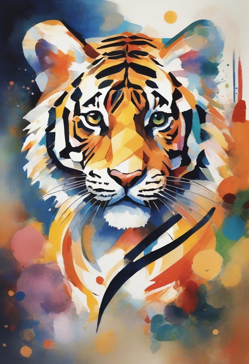 "Visualize a cubist interpretation of a tiger head. Decompose the shape of the tiger head into geometric shapes and fragmented planes, To capture its movement and energy in a unique and abstract way. Incorporate bold watercolors and sharp angles, to convey a feeling of movement and tension. Play with perspective and layering, to create a multidimensional composition, which questions traditional notions of space and form. Be inspired by the avant-garde spirit of Cubism and see nature in a fresh and innovative light.. Unleash your creativity, as you bring this imaginative scene to life on the screen