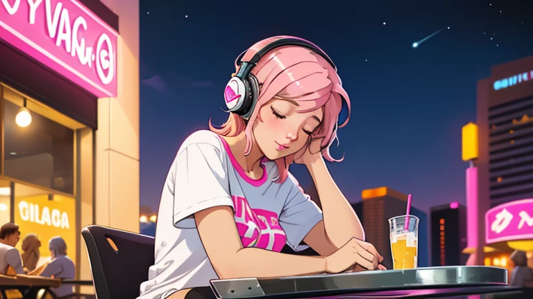 A beautiful young woman in her 20s with straight pink hair, wearing headphones, sitting on the terrace of a night cafe, looking down with her eyes closed, lofi girl, t-shirt, mood, comfortable, Las Vegas, In-N-Out Burger