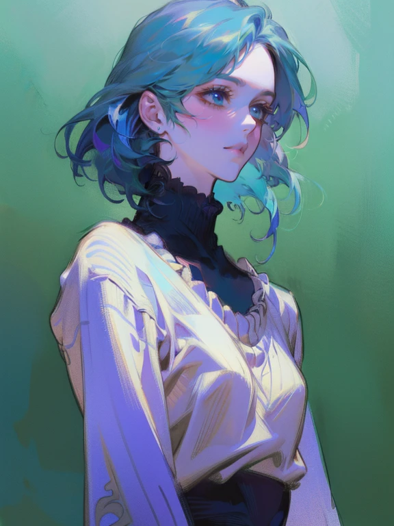 a beautiful detailed anime girl, 1girl, detailed face, beautiful eyes, long eyelashes, detailed lips, sweater, standing order, blue gradient background, neon hair, textured trim, Canadian, (best quality, 4k, 8k, highres, masterpiece:1.2), (realistic, photorealistic, photo-realistic:1.37), illustration, sketch, anime style, (vivid colors)