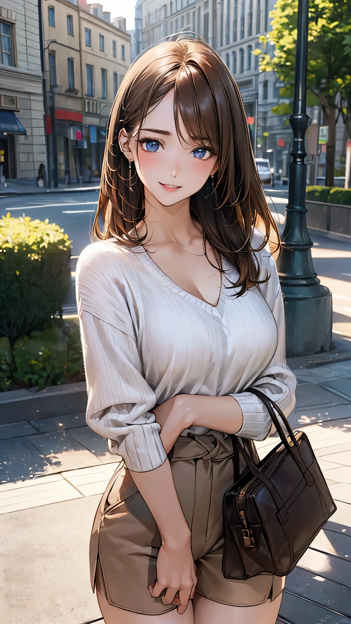 (masterpiece:1.2, top-quality), (realistic, photorealistic:1.4), beautiful illustration, (natural side lighting, movie lighting), depth of fields, (photograph),
beautiful detailed hair, beautiful detailed face, beautiful detailed eyes, beautiful clavicle, beautiful body, beautiful chest, beautiful thigh, beautiful legs, beautiful fingers,
looking at viewer, 1 girl, 19 years old, (perfect anatomy, anatomically correct, super detailed skin), perfect face, parfect eyes, cute and symmetrical face, babyface,
(middle hair, straight hair, sideburns:1.6, light brown hair), swept bangs, blue eyes, slant eyes, big eyes, long eye lasher, (medium breasts, seductive thighs), slender, white skin, shiny skin,
(middle sleeve white sweater, light brown tailored shorts), brown bag,
(beautiful scenery), evening, (entranceway:1.2,), standing hands between legs, leaning forward, holding bag, (lovery smile, upper eyes, parted lips),