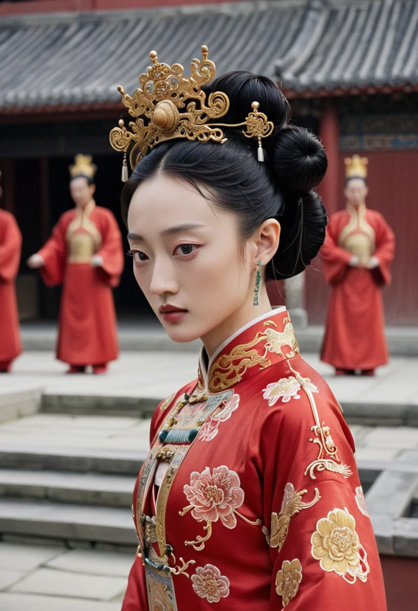 Chinese actress Ruyi Den's Jo Shun (Zhou Xun) similar face Qing Dynasty empress seen from the front full body empress red costume open and out large chest hair deep cunt.
Nudity.
Hair style of Chinese empress with large crown, hair parted from center of forehead to left and right, tied back, hair tied up with ornamental hair, outside stone tatami of Chinese palace of Qing Dynasty.