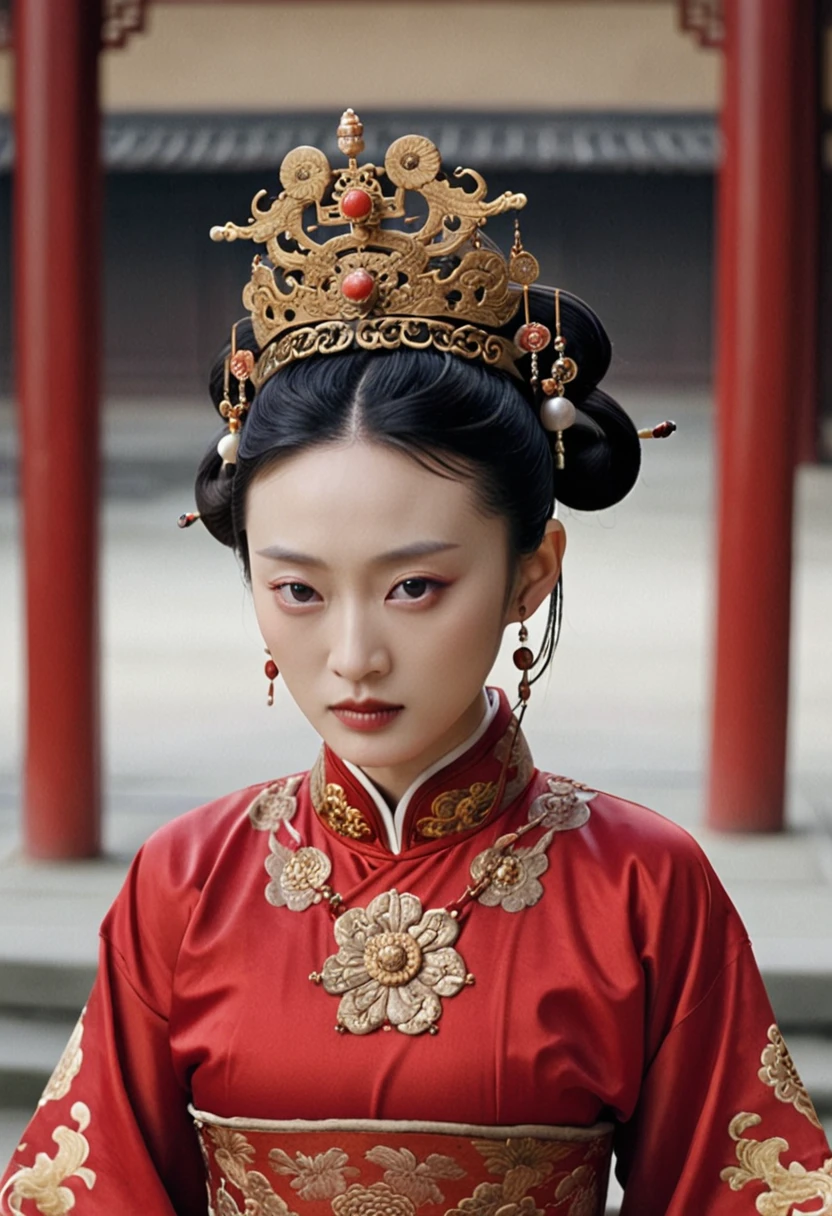 Chinese actress Ruyi Den's Jo Shun (Zhou Xun) similar face Qing Dynasty empress seen from the front full body empress red costume open and out large chest hair deep cunt.
Nudity.
Hair style of Chinese empress with large crown, hair parted from center of forehead to left and right, tied back, hair tied up with ornamental hair, outside stone tatami of Chinese palace of Qing Dynasty.