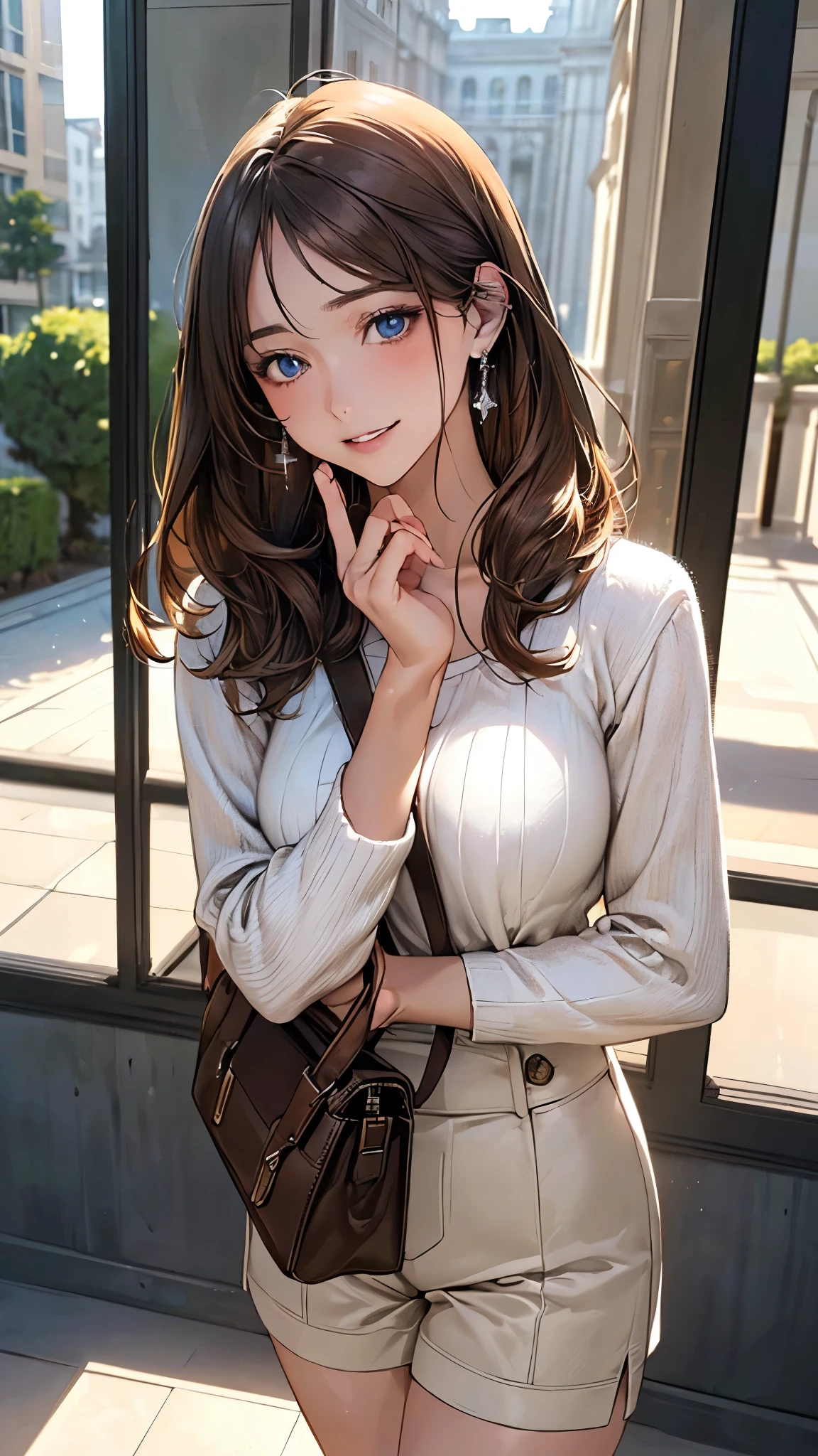 (masterpiece:1.2, top-quality), (realistic, photorealistic:1.4), beautiful illustration, (natural side lighting, movie lighting), depth of fields, (photograph),
beautiful detailed hair, beautiful detailed face, beautiful detailed eyes, beautiful clavicle, beautiful body, beautiful chest, beautiful thigh, beautiful legs, beautiful fingers,
looking at viewer, 1 girl, 19 years old, (perfect anatomy, anatomically correct, super detailed skin), perfect face, parfect eyes, cute and symmetrical face, face,
(middle hair, straight hair, sideburns:1.6, light brown hair), swept bangs, blue eyes, slant eyes, big eyes, long eye lasher, (medium breasts, seductive thighs), slender, white skin, shiny skin,
(middle sleeve white sweater, light brown tailored shorts), brown bag,
(beautiful scenery), evening, (entranceway:1.2,), standing hands between legs, leaning forward, holding bag, (lovery smile, upper eyes, parted lips),