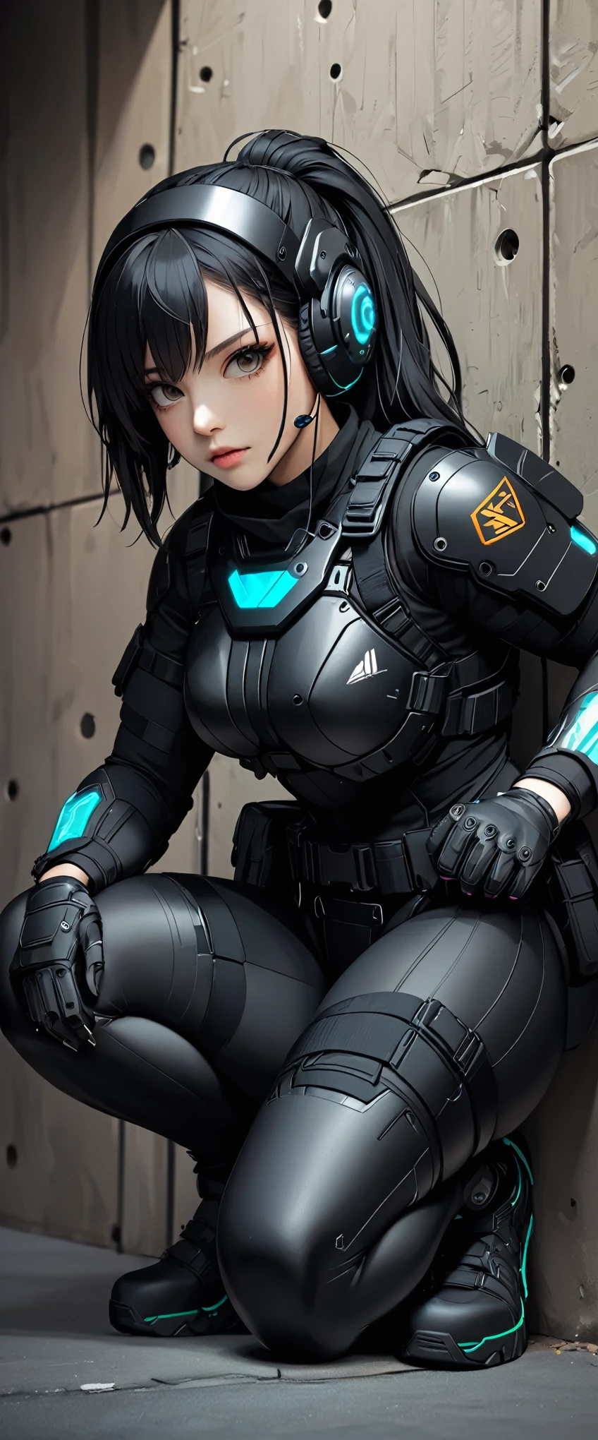 (masterpiece:1.2,Highest quality,Highest quality,Very detailed:1.2),8k,wallpaper,(One Woman),(Future female SWAT team members),(Crouch and hide near a wall to avoid being spotted by enemies.:1.6),((profound)),(Extremely form fitting black tactical body armor),(Tactical Headset),(Tactical Gloves),(Tactical Helmet),break(ponytail),(Black Hair),(Beautiful Face),(Beautiful Eyes),(Beautiful Eyes),(Very detailedな顔),(Very detailedな女性のhand),(Muscular),(Beautiful body),(The background is a criminal hideout:1.6),(cyber punk:1.6),(((hand,detailed,perfection,perfectionion,hand))),(Beautiful female hand),(正確なhand描き),break(Written boundary depth,Low contrast,Sharp focus)