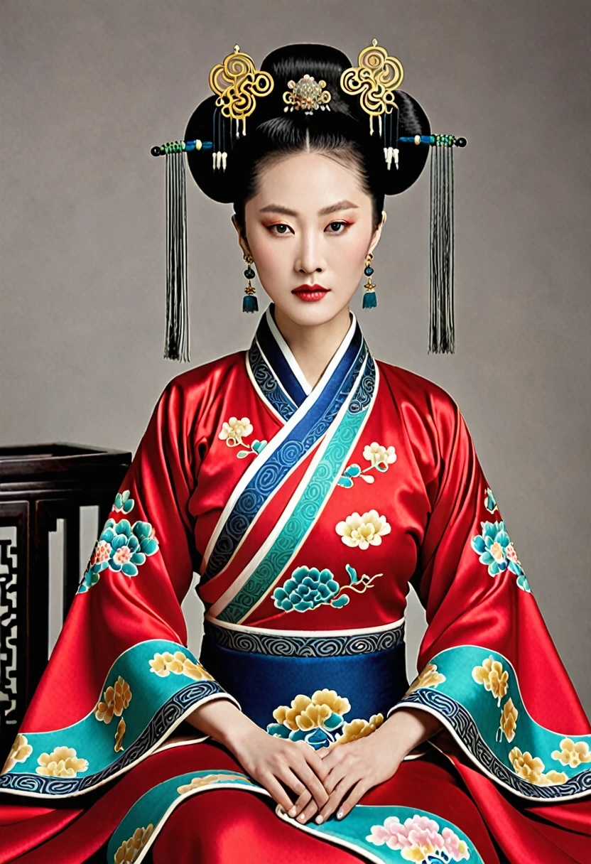 Chinese actress Ruyi Den's Jo Shun (Zhou Xun) similar face Qing Dynasty empress seen from the front full body empress red costume open and out large chest hair deep cunt.
Nudity.
Hair style of Chinese empress with large crown, hair parted from center of forehead to left and right, tied back, hair tied up with ornamental hair, outside stone tatami of Chinese palace of Qing Dynasty.