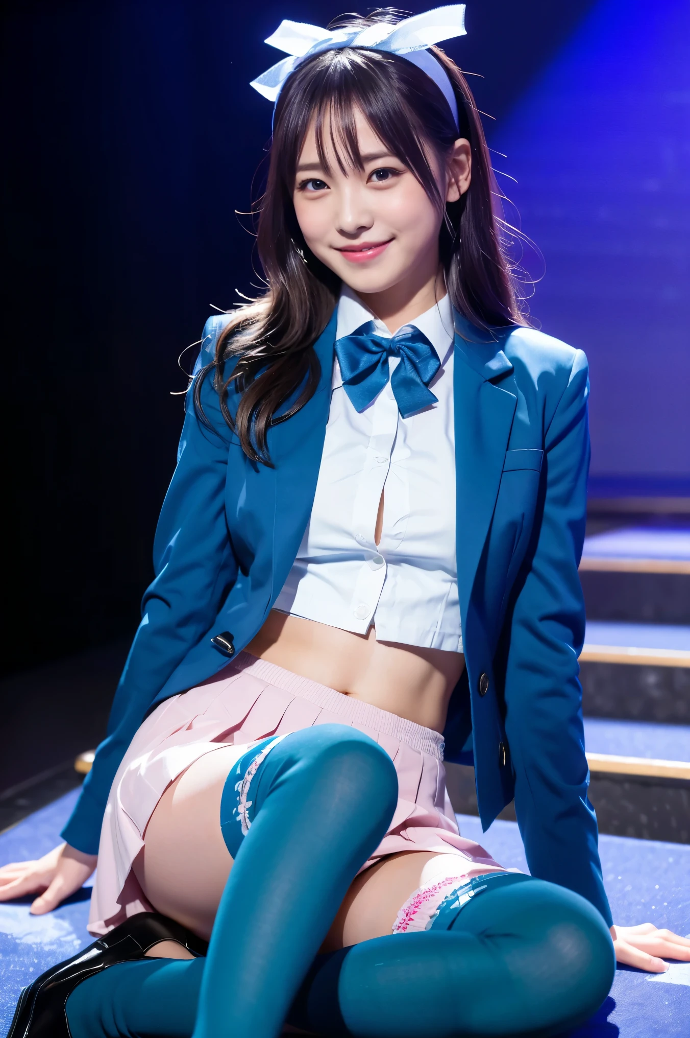 (8k), (highest quality: 1.2), (Realistic), (Realistic: 1.37), Ultra-high resolution, 1 girl, cute, (Embarrassed smile:1.2), (Blushing:1.4),Mouth closed, Beautiful details, Beautiful Nose, silky Hair, Thighs,Navel exposed,University Student Uniform,A simple dark blazer,Pleated skirt,Platform boots,Dancing on the school stage,(Shiny Thighs:1.2),Medium Shot,(blue over-the-knee socks:1.2),(hair bands:1.2)