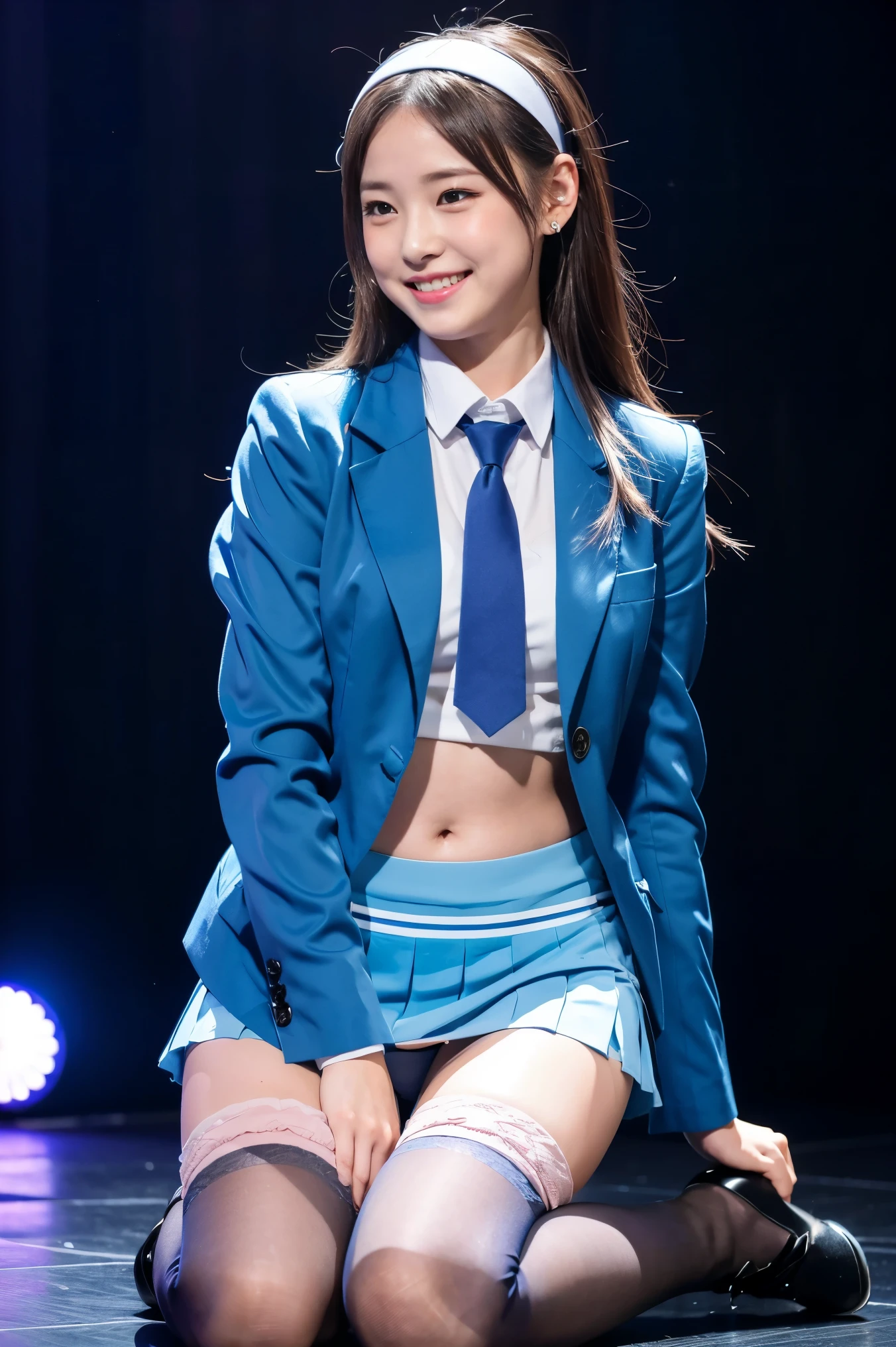 (8k), (highest quality: 1.2), (Realistic), (Realistic: 1.37), Ultra-high resolution, 1 girl, cute, (Embarrassed smile:1.2), (Blushing:1.4),Mouth closed, Beautiful details, Beautiful Nose, silky Hair, Thighs,Navel exposed,University Student Uniform,A simple dark blazer,Pleated skirt,Platform boots,Dancing on the school stage,(Shiny Thighs:1.2),Medium Shot,(blue over-the-knee socks:1.2),(hair bands:1.2)