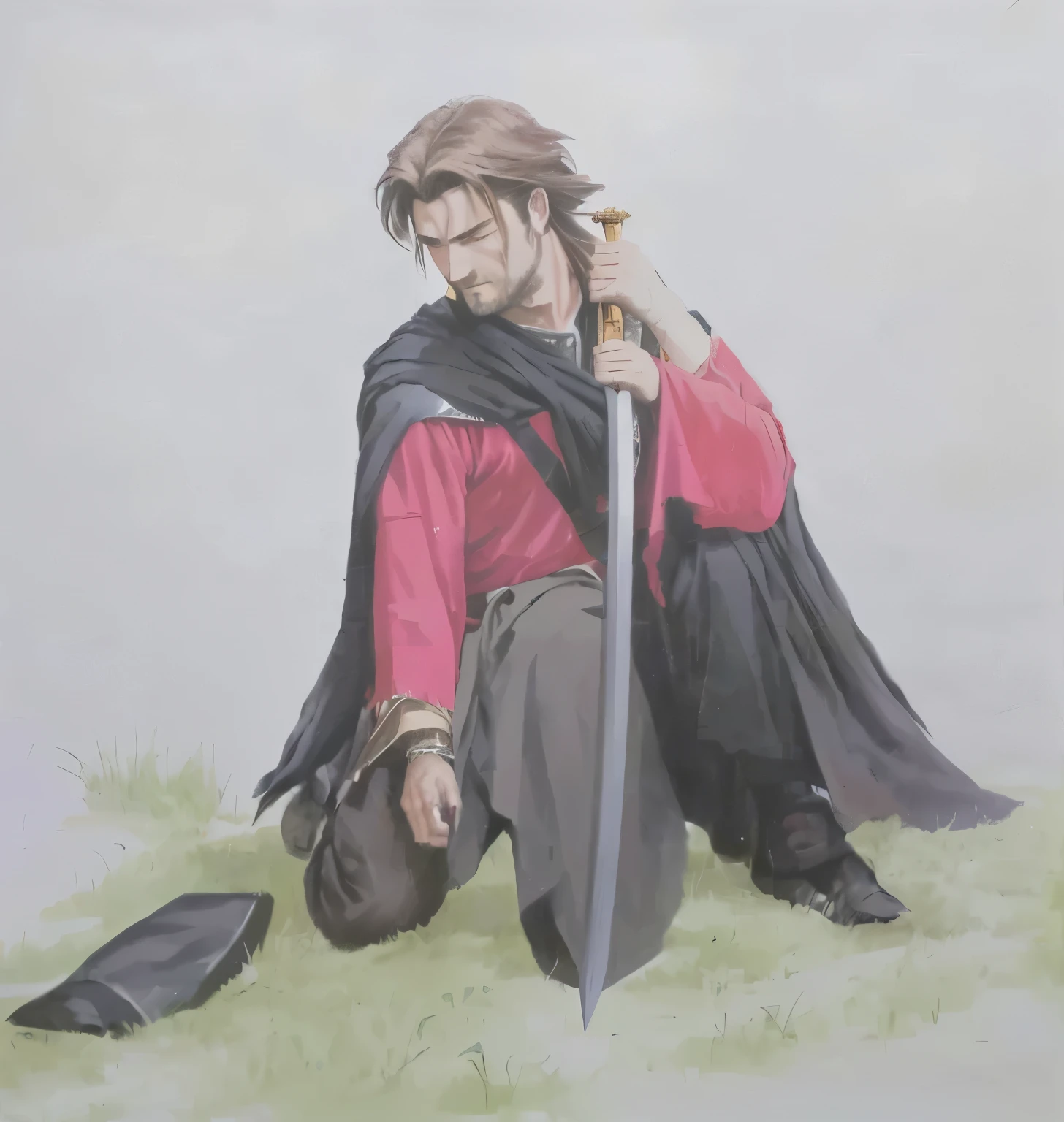 painting of a man on his knees holding a sword and a red shirt, with a torn black cover, Native Gaucho, poncho therefore, painting of a knight, boromir in an 80\animes world, inspired by Edmund Greacen