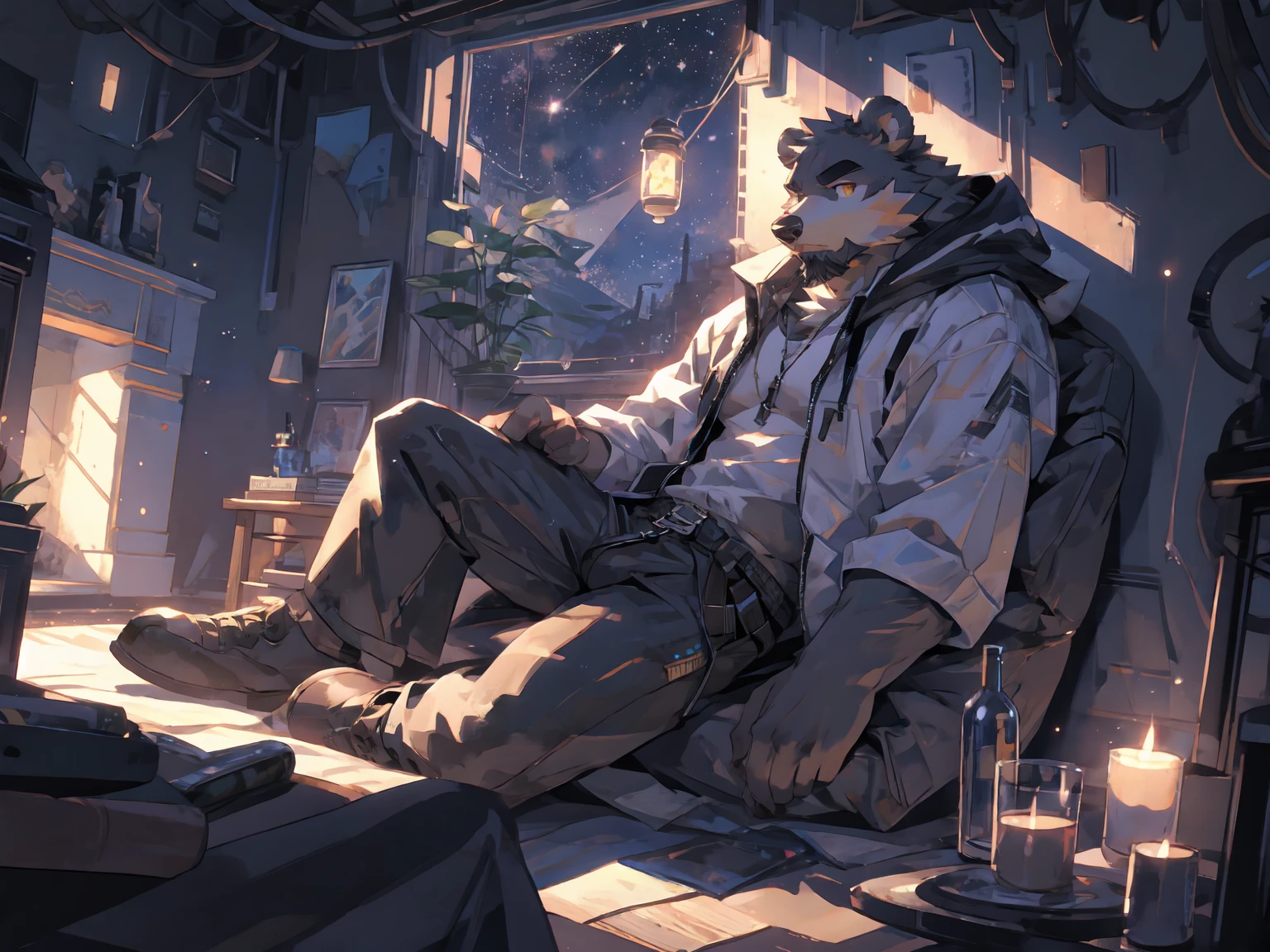 (masterpiece:1.2), best quality,pixiv,official art,perfect anatomy, (Ray tracing, light),solo, (1_male:1.3) , (muscle), (grey fur:1.4), (muscle bear), (beard:1.2), (gleaming golden eyes), bear tail, full body, Thick black eyebrows, (open short hoodie), (loose shirt inside),cargo shorts, black short boots,cover blanket, bedroom, lying on the sofa, french window , galaxy ,stars