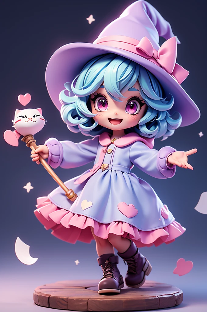 A cute  witch with a feline and mischievous look, tiny, pink eyes, witch hat, cat mouth, cuteness, holding a staff, fun look, messy, lively, smiling, chibi, tiny, short, light blue hair, grayish purple dress #6e5375.