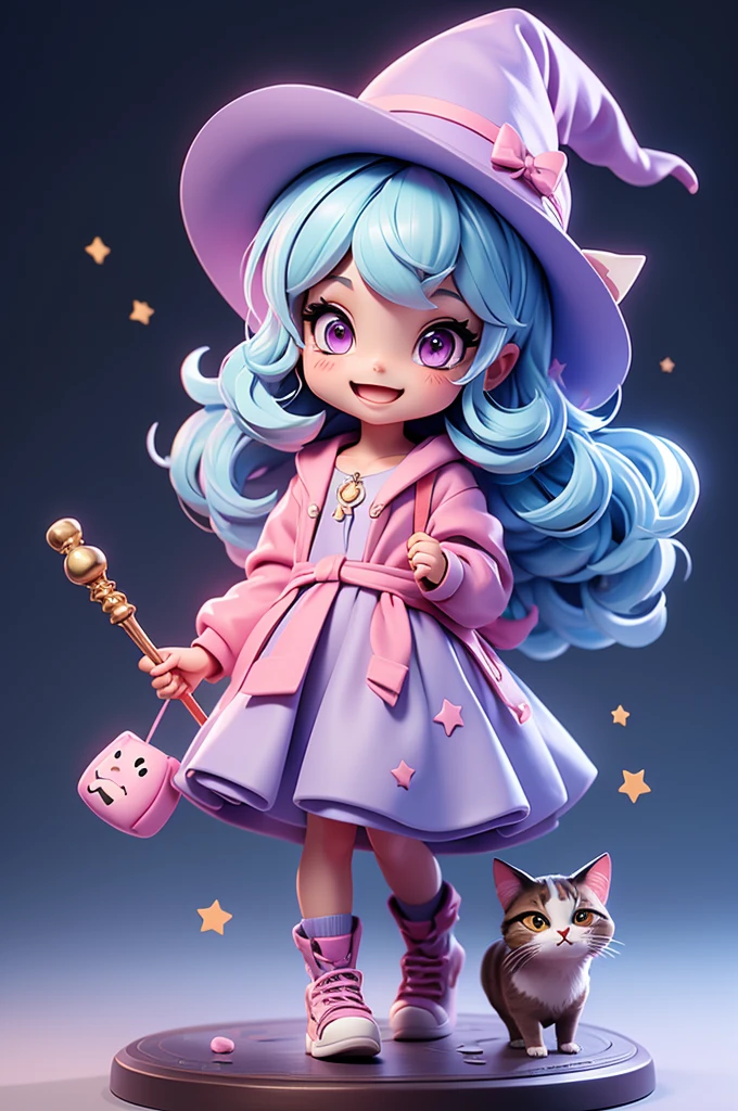 A cute  witch with a feline and mischievous look, tiny, pink eyes, witch hat, cat mouth, cuteness, holding a staff, fun look, messy, lively, smiling, chibi, tiny, short, light blue hair, grayish purple dress #6e5375.