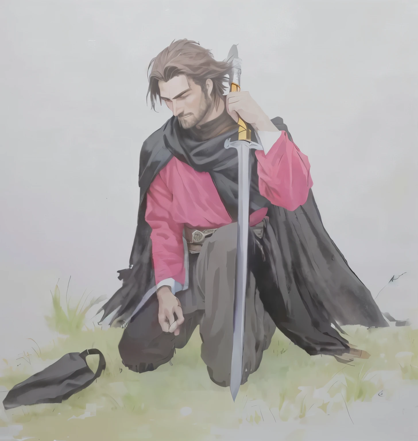 painting of a man on his knees holding a sword and a red shirt, with a torn black cover, Native Gaucho, poncho therefore, painting of a knight, boromir in an 80\animes world, inspired by Edmund Greacen