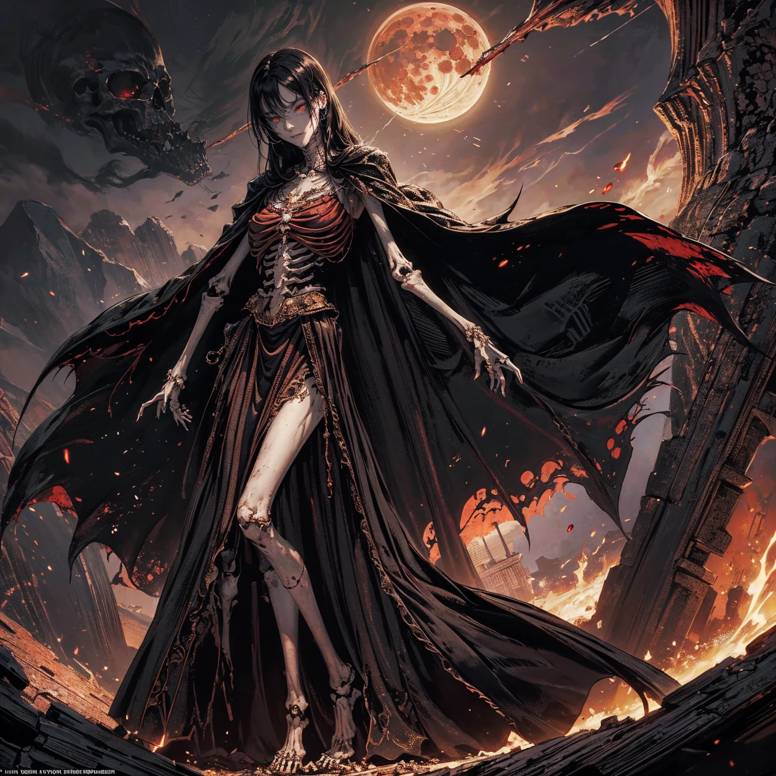 full-body shot, wide-angle lens, best quality, 4K, high resolution, masterpiece, Very detailed, Mood lighting, An undead girl in a long cape, Whole body including hands & arms & legs & feet are all skeleton bones but except the head is still beautiful human face, Wearing a ragged gothic skirt, Aloofness emotion, Dangerous sneer, Beautiful but sad smile, Black Hair, Standing, Facing the camera, Crucified, Pitch black sky, Blood-red moon, strange atmosphere, Gothic style, Unforgettable beauty, Dramatic shadows, Ethereal Light, Mysterious atmosphere