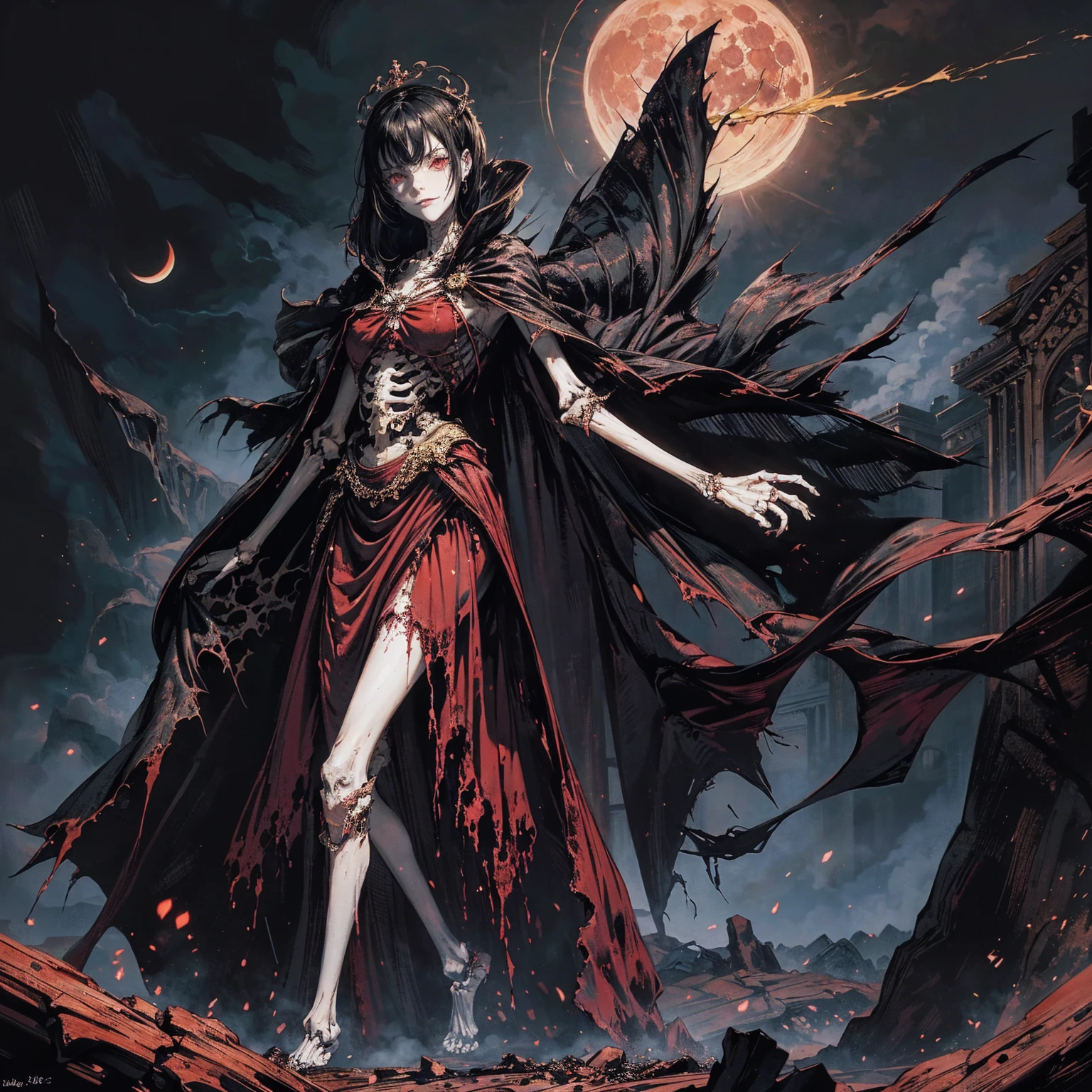 full-body shot, wide-angle lens, best quality, 4K, high resolution, masterpiece, Very detailed, Mood lighting, An undead girl in a long cape, Whole body including hands & arms & legs & feet are all skeleton bones but except the head is still beautiful human face, Wearing a ragged gothic skirt, Aloofness emotion, Dangerous sneer, Beautiful but sad smile, Black Hair, Standing, Facing the camera, Crucified, Pitch black sky, Blood-red moon, strange atmosphere, Gothic style, Unforgettable beauty, Dramatic shadows, Ethereal Light, Mysterious atmosphere