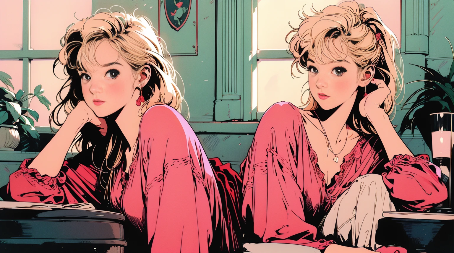 masterpiece、high resolution 8k、NSFW、sharp focus、contrast morning lighting、A woman sits on a bed, wear headphone. She wears a pink dress pajama and has blonde hair. The bed is white, with white pillows. There are potted plants in the room, and a window is open, letting in light. Books are on a nearby shelf. The woman's pose suggests she is relaxed.