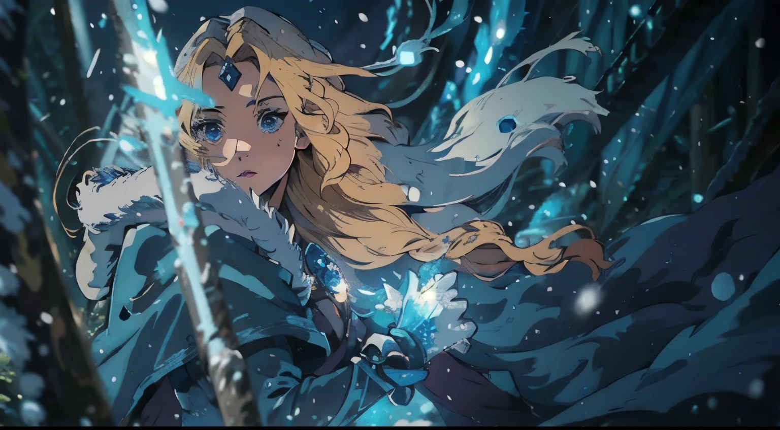 official art, crystal maiden, 1girl, , medium full shot, solo, blonde hair, blue eyes, (elegant cloak), rear view, looking back, wind, crystalline, blue winter background, snow, best quality, (masterpiece), realistic, 8k illustration
