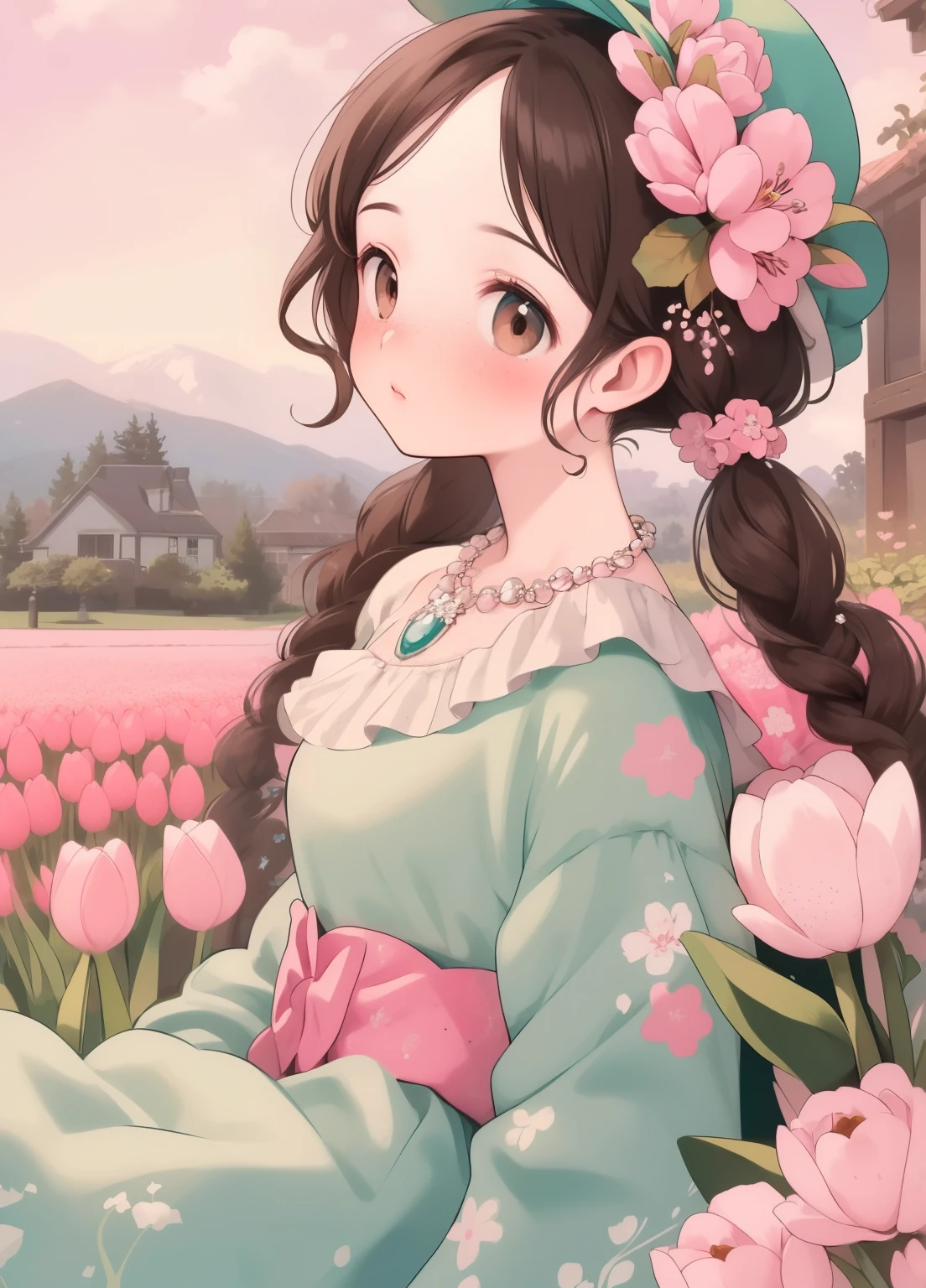 (masterpiece、Highest quality、Highest quality、Official Art、Beautiful and beautiful:1.2)、(One girl:1.3)Hatsune Miku、Twin tails,Beautiful breasts, Katsushika Hokusai, (masterpiece, Highest quality: 1.3), High resolution, official style, \(style\) 1820s, Vertical position, Beautiful portrait, oil, (Black curly hair, Brown cat-shaped eyes), Freckled white skin, Beautiful pink flower hat, Beautiful period dress with floral embroidery and details , ((Beautiful Diamond Necklace)), Elegant bearings, Beautiful landscape background of tulip garden