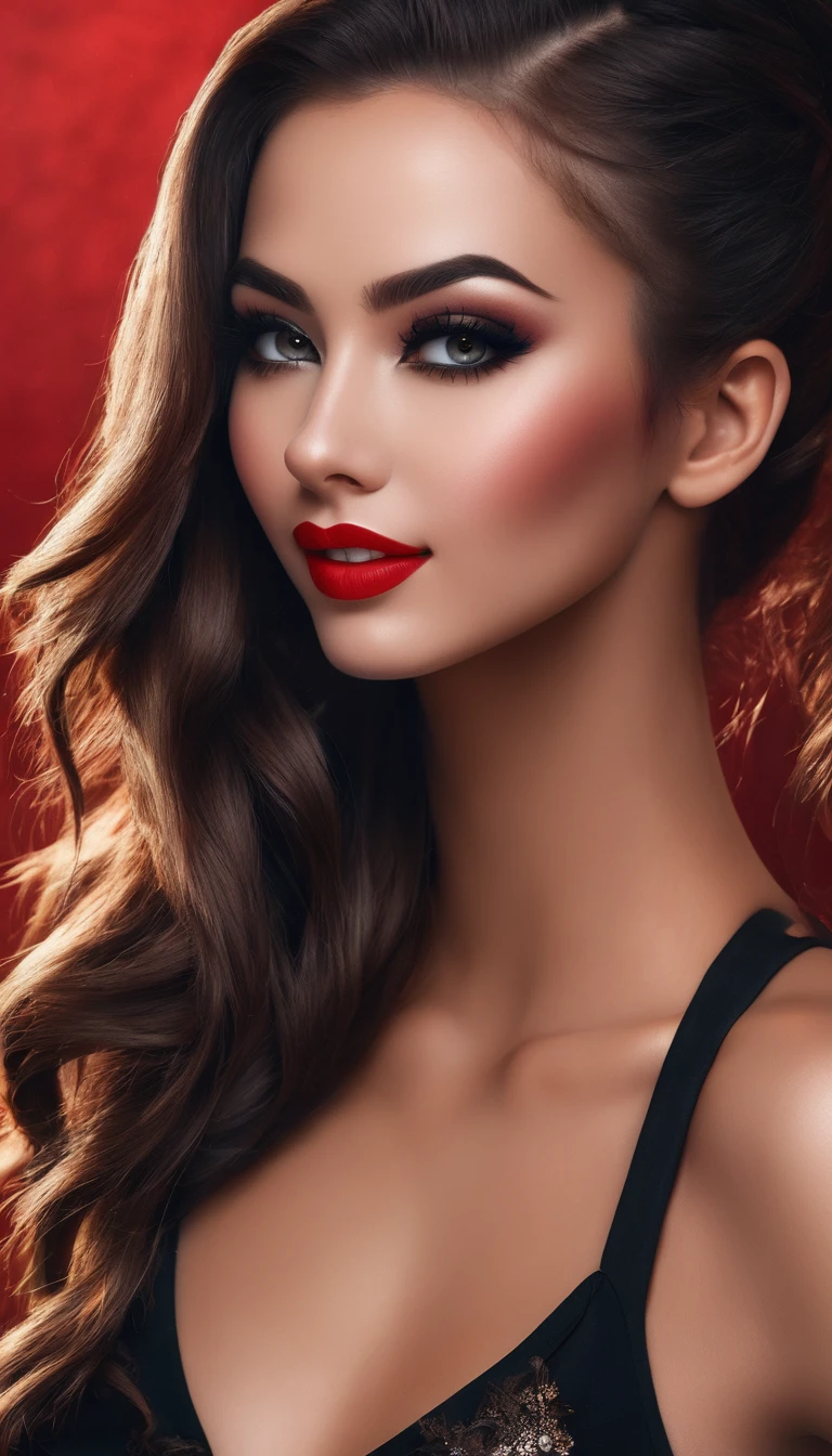 very strong dark eye makeup with black pencil to emphasize the eye contours, Red lips, random hair, beautiful face, delicate sexy smile, delicate skin great attention to character details, very long brown Mohawk hair, matte background, busty, bimbo, sexy bombshell, 8k, 3D