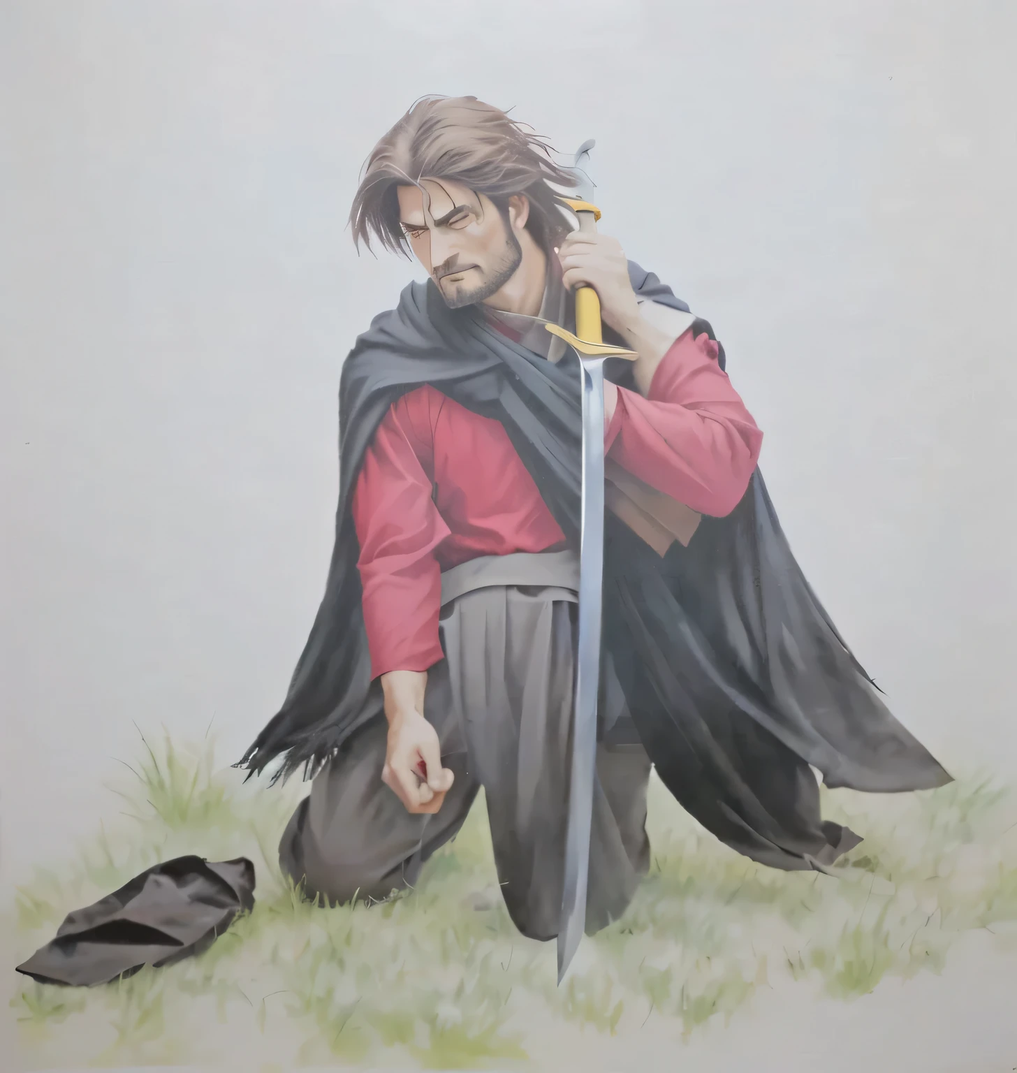 painting of a man on his knees holding a sword and a red shirt, with a torn black cover, Native Gaucho, poncho therefore, painting of a knight, boromir in an 80\animes world, inspired by Edmund Greacen
