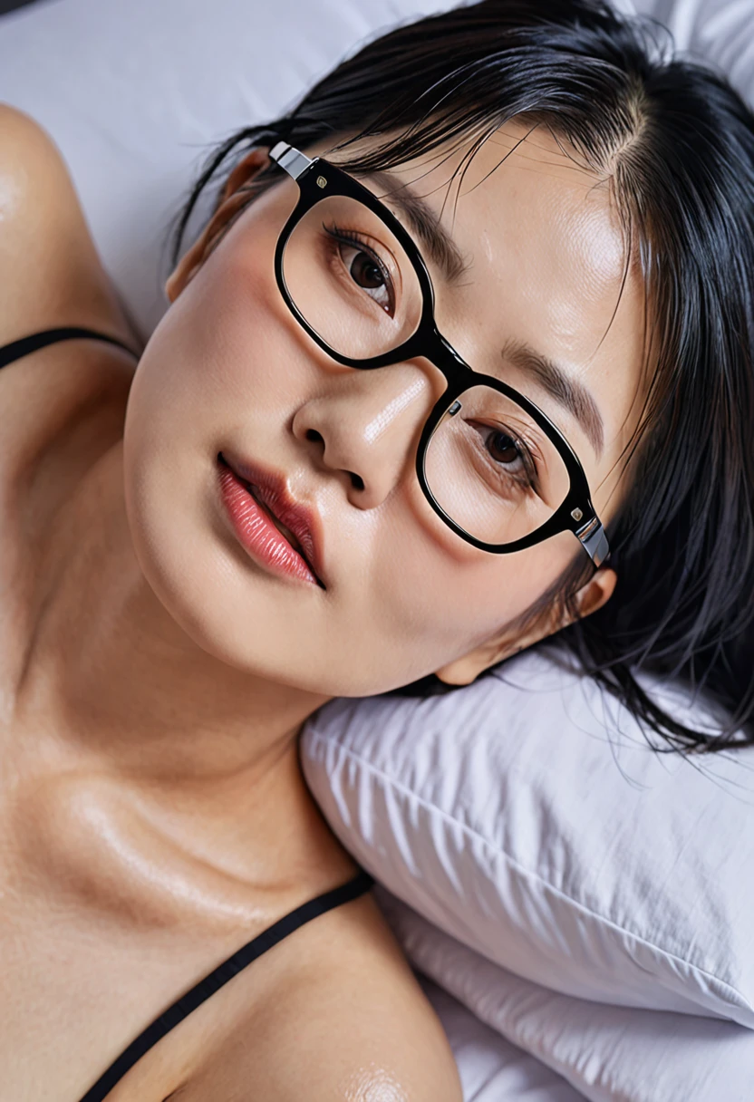 ((masterpiece)) ((detailed)) ((realistic))((skin texture)) (4K) gorgeous asian woman 40 years old having sex, short hair, wearing glasses, penis penetrate into her vagina ,big breast , doggy style , she is screaming in pain , wet body, lying on bed