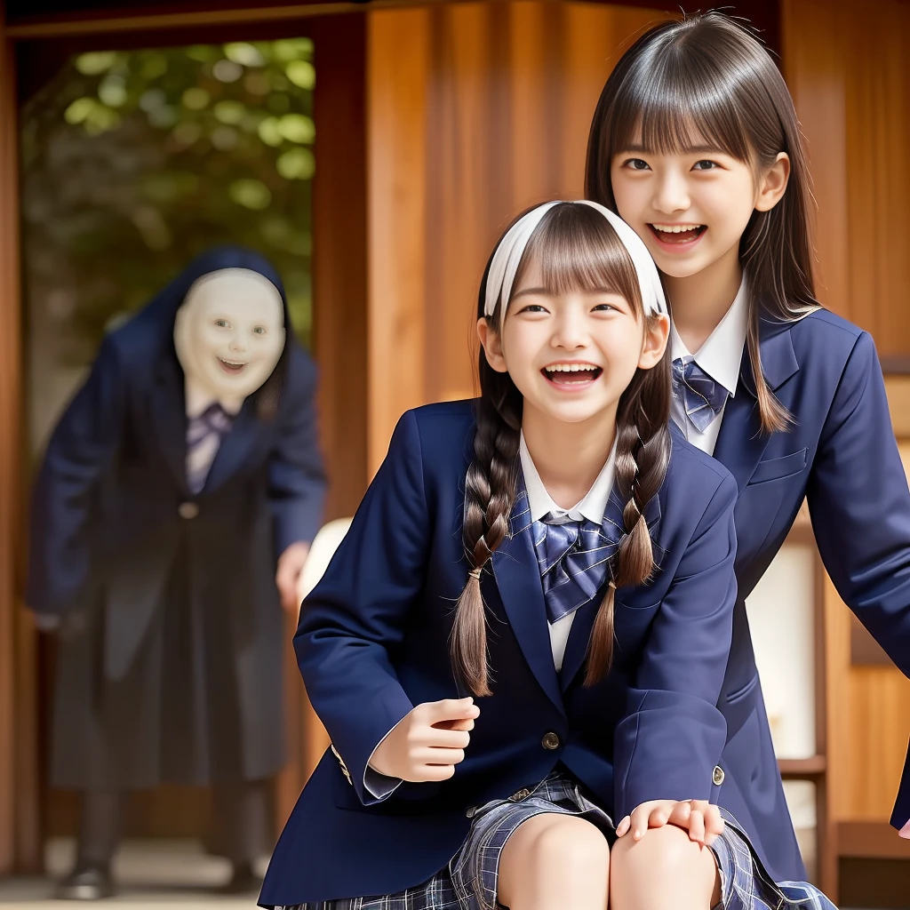 (Highest quality, masterpiece:1.2), Highest quality, High resolution, 1080P, 8k, height: 158cm, ((A noble, graceful and intelligent Japanese young idle who has a best proportion is surprised opening her eyes widely and laughing at me with shedding tears!: 1.5)), ((So sweet, very noble, neat, and pretty 14yoanese beautiful fashion magazine models are giggling at me: 1.6)), ((((Very pure white face and limbs)))), Glossy Lips, (Evenly cut curled bangs), ((Very beautiful, droopy, cute, pure, noble, intelligent brown eyes with detailed: 1.6)), ((Super long, black straight hair )), (Very shiny, glossy Lips), ((Beautiful straight hair like a school promotion model)), Watch at you, ((Incredibly well organized, Rich facial expressions)), ((Plump and beautiful white skin and face)), ((Pure, clear, gentle brown eyes)), ((staring at me)), Glossy Lips, ((Noble and elegant)), Very beautiful blue skirt, ((Large upward-curving lips)), ((((Navy Japanese school blazer with noble golden emblem)))), ((Navy and sapphire blue Japanese school uniform)), ((Tartan check pattern dark blue pleated long skirt)), ((Cobalt blue string chest ribbon)), ((((An ecstatic expression of boundless joy)))), (((Beauty and fashion magazine for young girls))), ((Cute beautiful knees)), ((Well-shaped ample breasts)), ((Tilting his head and smiling)), ((many dark ghosts and wraiths are behind her: 1.5)), (Laughing loudly holding your stomach because the viewer is too funny: 1.0), ((Too beautiful women to stop falling into them: 1.6))