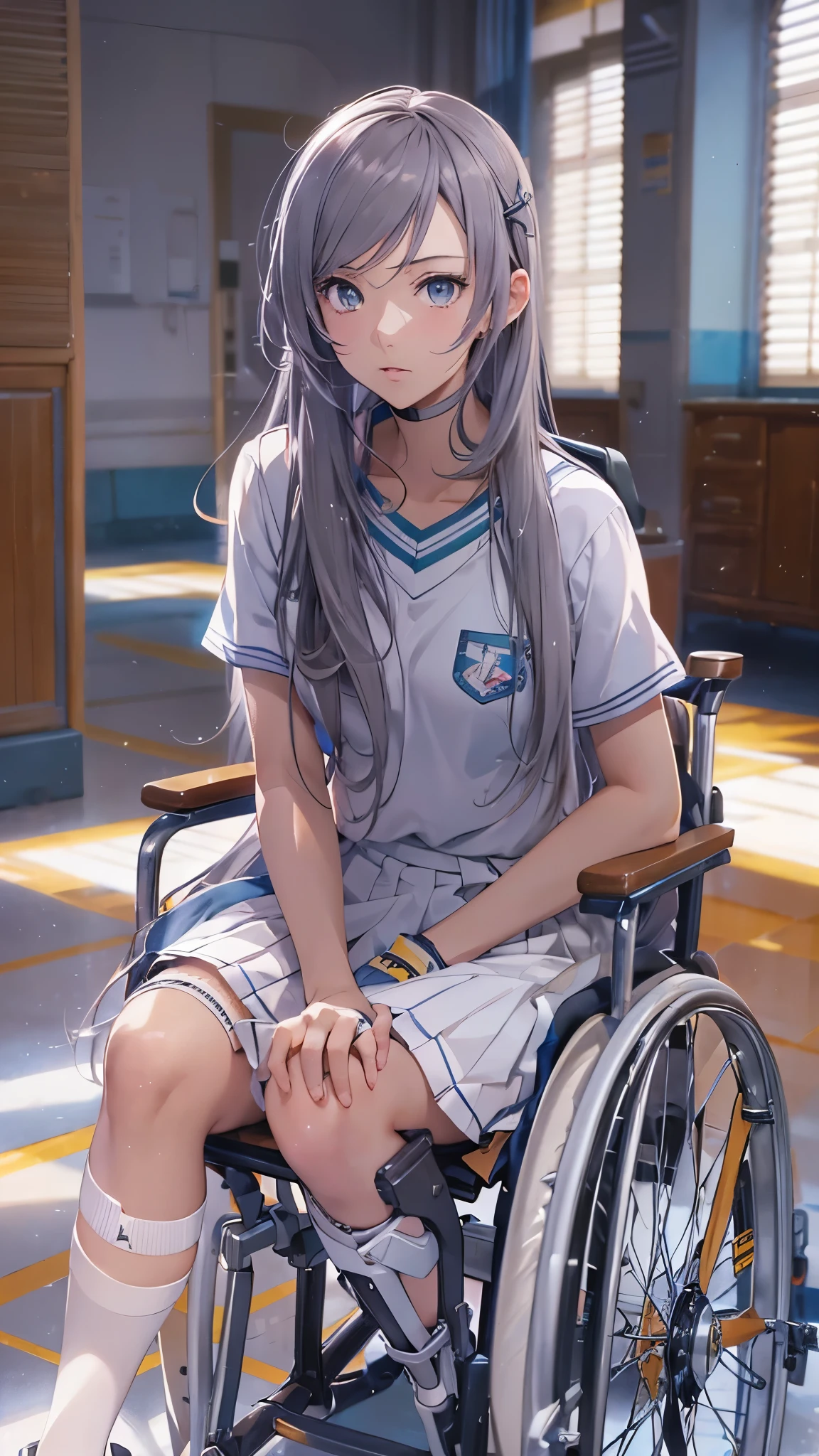 (Highest quality,4K,8k,High resolution,Tabletop:1.2), Very detailed, (Realistic,photoRealistic,photo-Realistic:1.37),(whole body),((In the hospital)),Sickly beautiful girl, sad,I was surprised,((Gray hair color)),((Long Hair)),((She is in a wheelchair)),((She is pushing a wheelchair)),((She has difficulty walking)),((She is a wheelchair user)),((Hair above the eyes)),((school uniform,Jumper skirt,ribbon,blouse)),((Wear black open-finger gloves)),((Leg Brace)),((Casts on her legs)),((Knee pads)),((Leg braces)),Espadrilles,Beautiful and detailed, Beautiful lip detail, Very detailed目と顔, Long eyelashes, Realistic anime 3D style, Smooth anime CG art, Digital rendering by Makoto Shinkai, Moe anime art style, photoRealistic rendering of an anime girl, Shinkai Makoto style, Cute anime girl visuals, Realistic young anime girl, Girl Fanart, Works by anime artists'Studio.